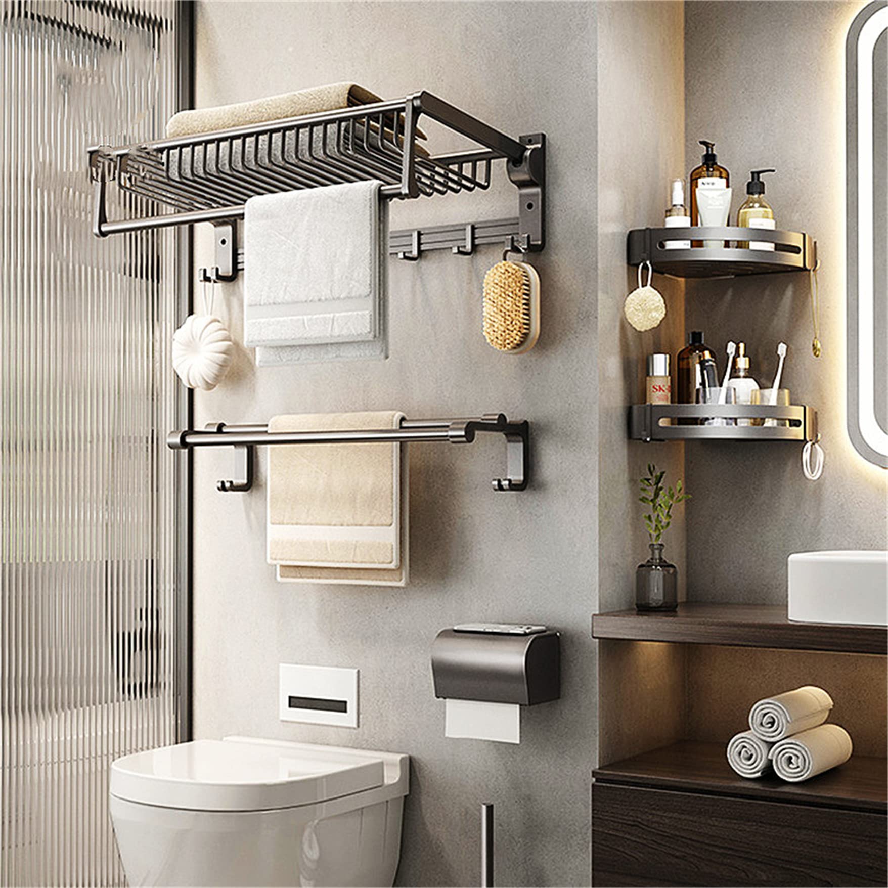 KK5 4-Piece Foldable Bathroom Towel Rack Set with Towel Bar & 9 Hooks - Space Saving Aluminum Wall Mounted Organizer for Shower, Bathroom & Kitchen - Perfect for Towels, Robes & Shower Accessories Storage