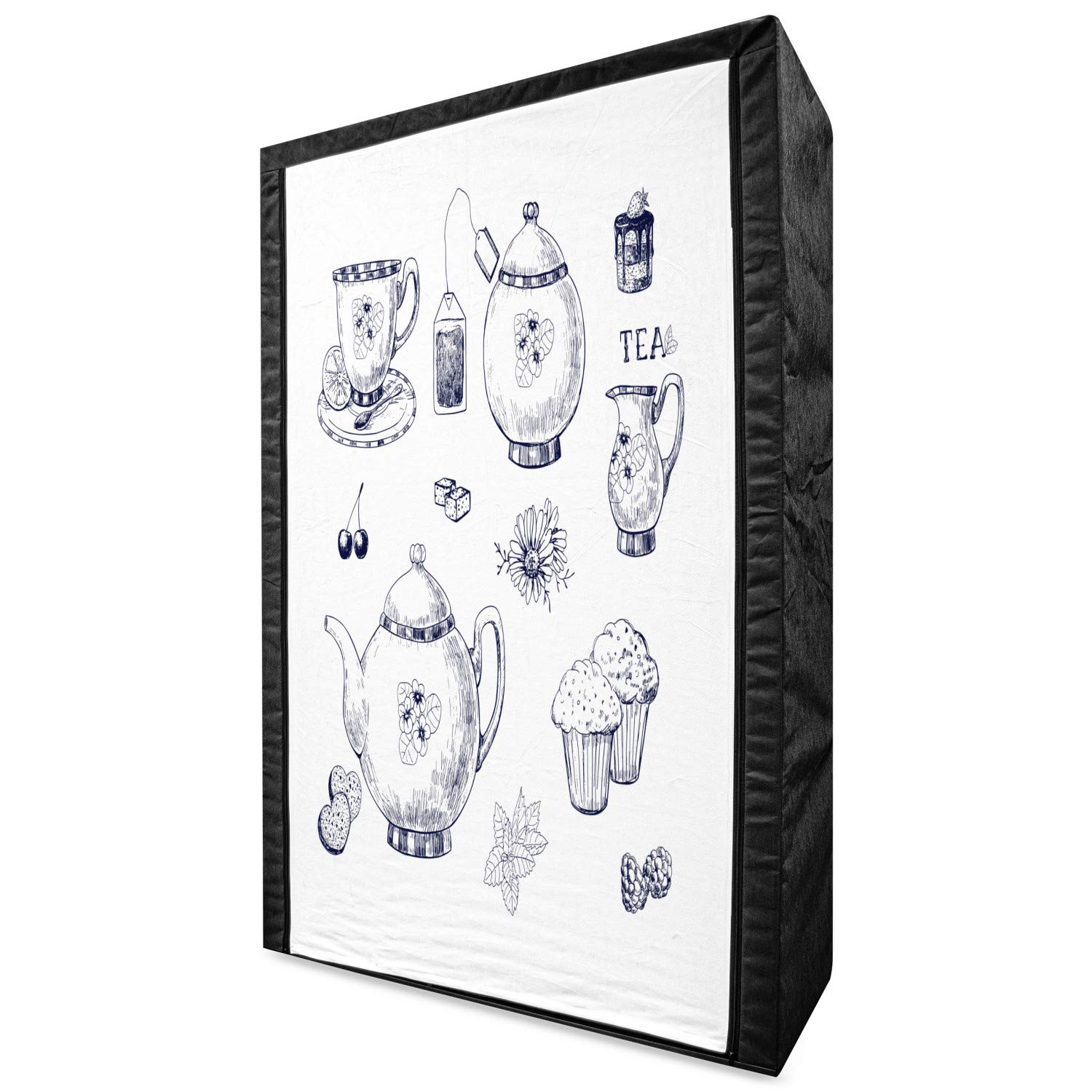 Ambesonne Vintage English Style Portable Fabric Wardrobe - Blue and White Hand-Painted Teapots, Cups, Muffins & Bags Design - 42.5