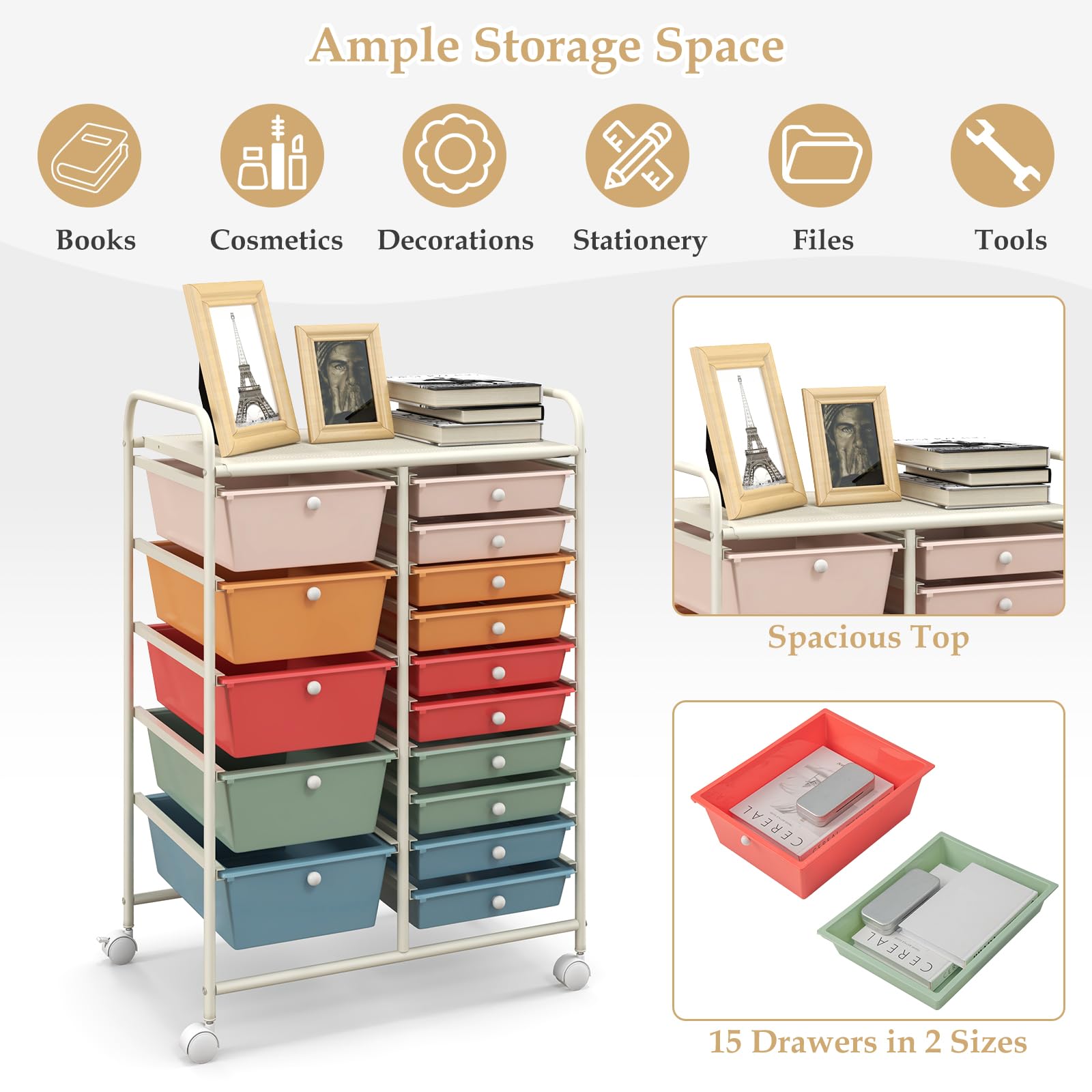 HAPPYGRILL 15-Drawer Rolling Storage Cart with Wheels - Mobile Organizer for Office, School, Craft Room & Home - Perfect for Office Supplies, Art Materials, Tools & Paper Organization
