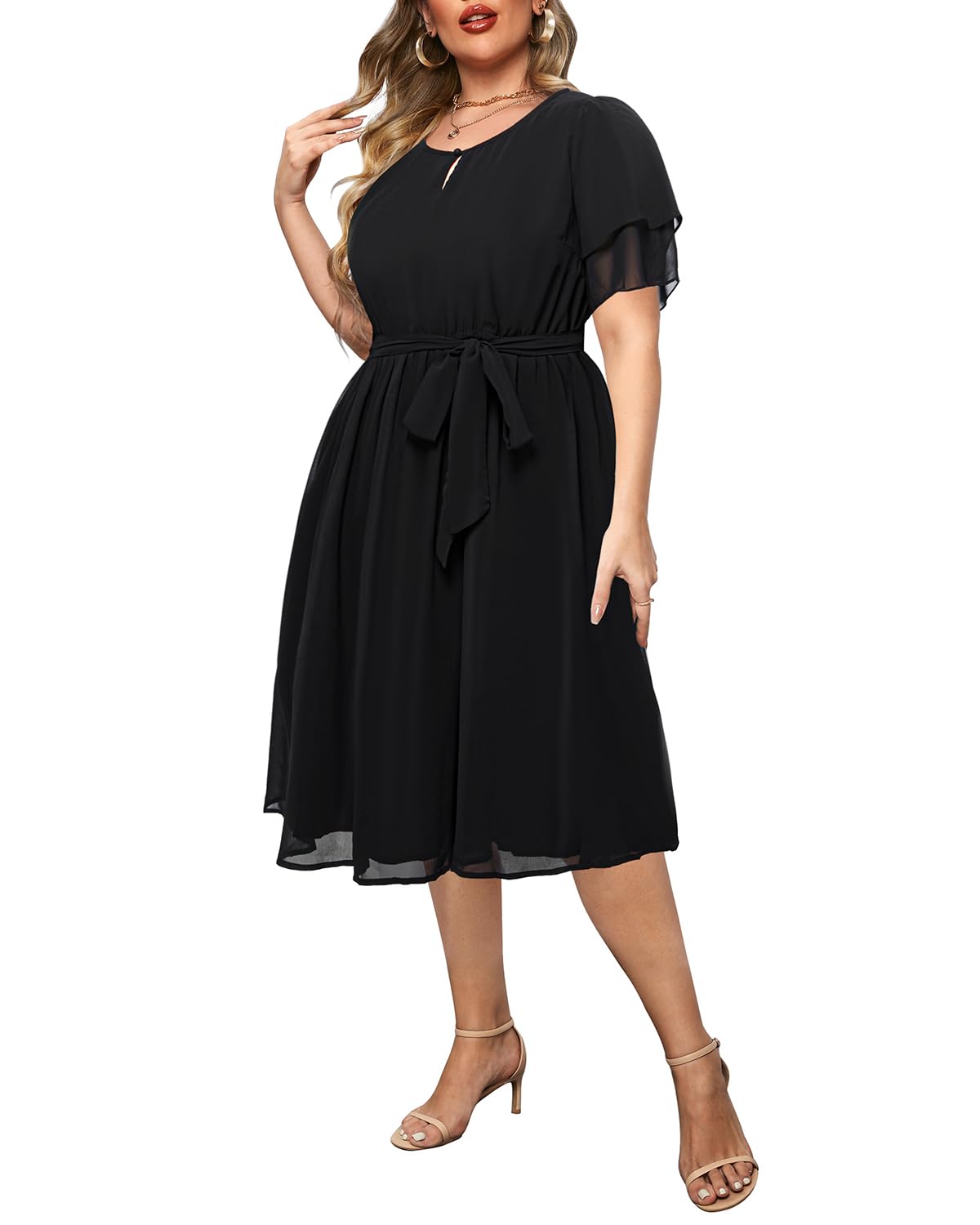 Elegant Plus Size Cocktail Dress for Women - Chiffon Semi-Formal Wedding Guest Dress with Keyhole Neck & Knee Length | Perfect for Cocktail Parties, Bridal Showers, and Evening Events