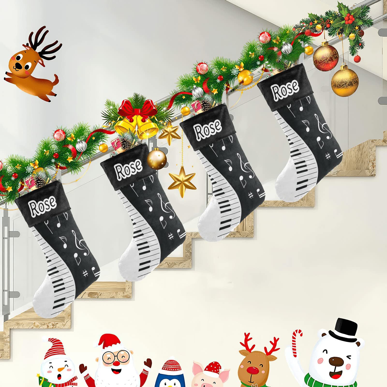 Personalized Christmas Stockings with Music Notes & Piano Design - Custom Name Text Holiday Decor (17.52 x 7.87 Inch) - Perfect Festive Gift for Musicians & Music Lovers