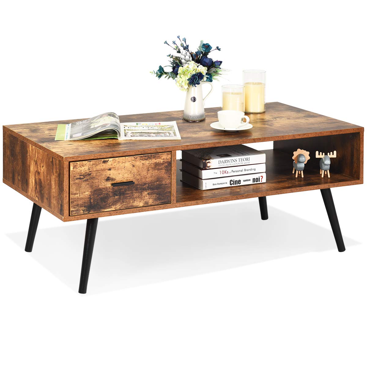 Mid-Century Modern Coffee Table with Drawer & Open Shelf - 43