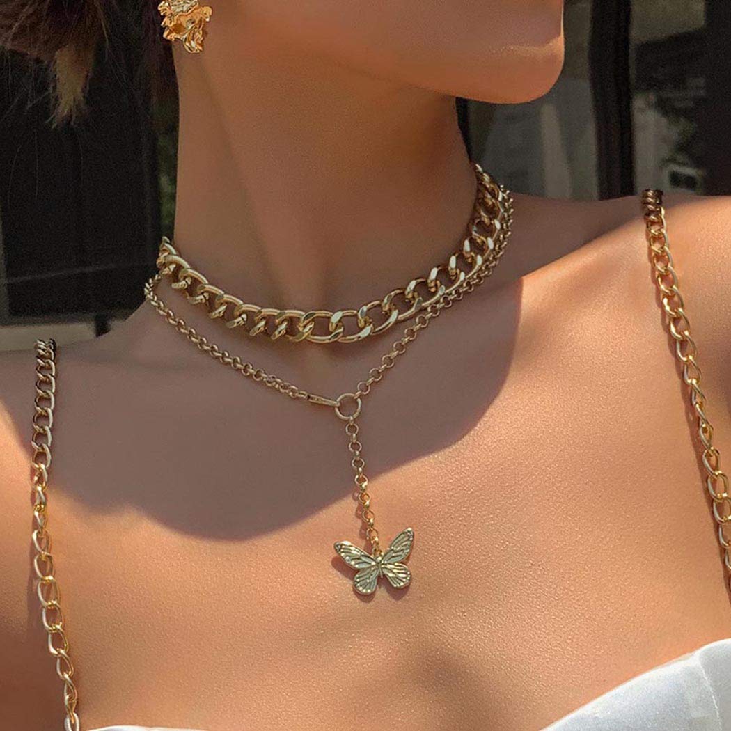 Gold Layered Cuban Link Chain with Butterfly Pendant - Elegant Choker Necklace for Women & Girls | Perfect for Parties, Date Nights & Fashion Accessories