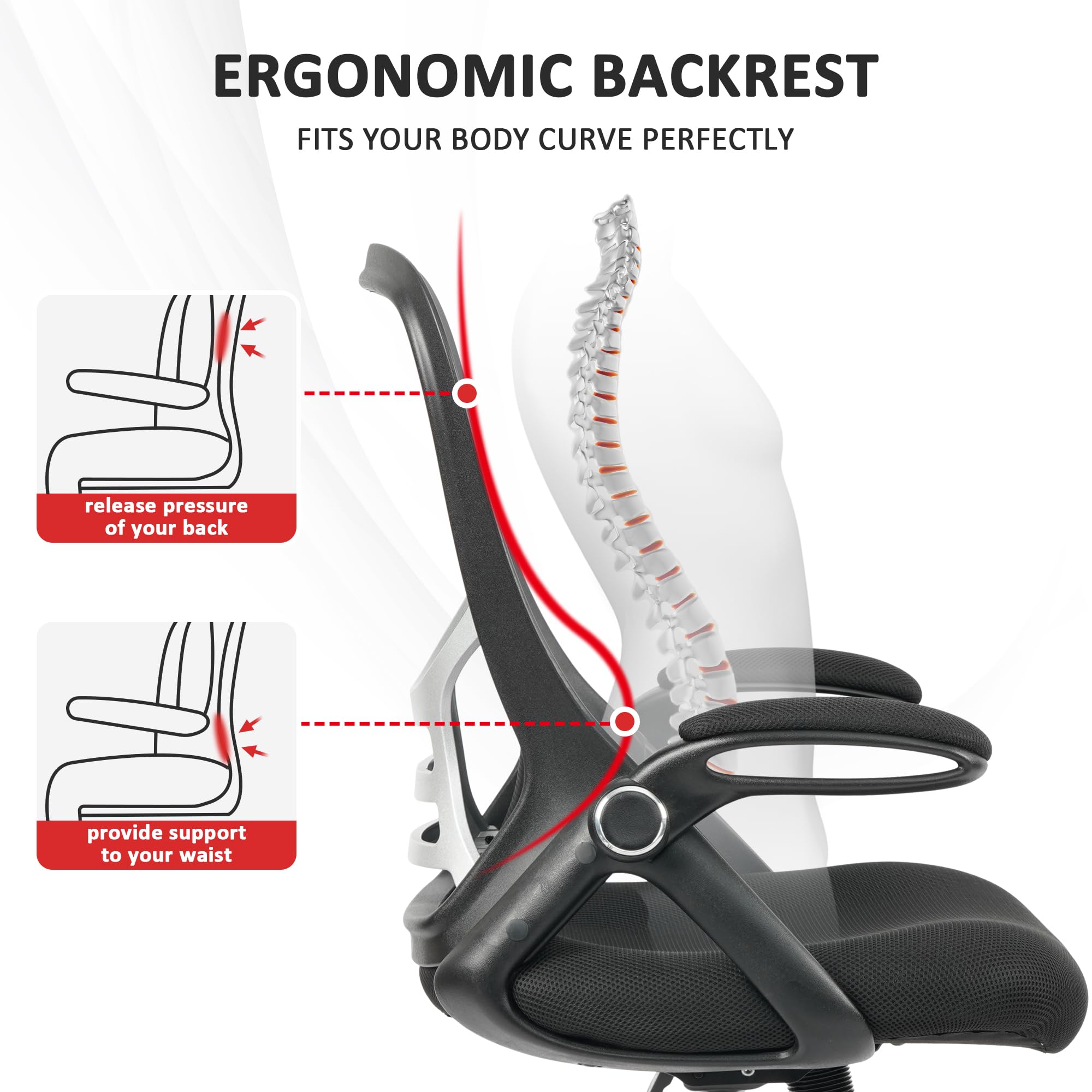 HYLON Heavy Duty Ergonomic Office Chair with Adjustable Lumbar Support & Flip-Up Armrests - High Back Mesh Computer Desk Chair for Home & Office Workspaces - Perfect for Long Hours of Sitting, Gaming, or Remote Work