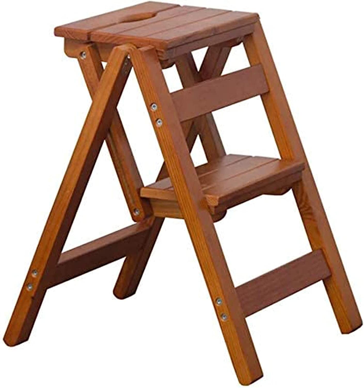 Solid Wood Folding Step Stool Ladder - Multi-Functional Foldable Stepladder for Home, Kitchen, Bathroom & Storage - Sturdy & Compact Brown Wooden Stool (Household, DIY, Decor)