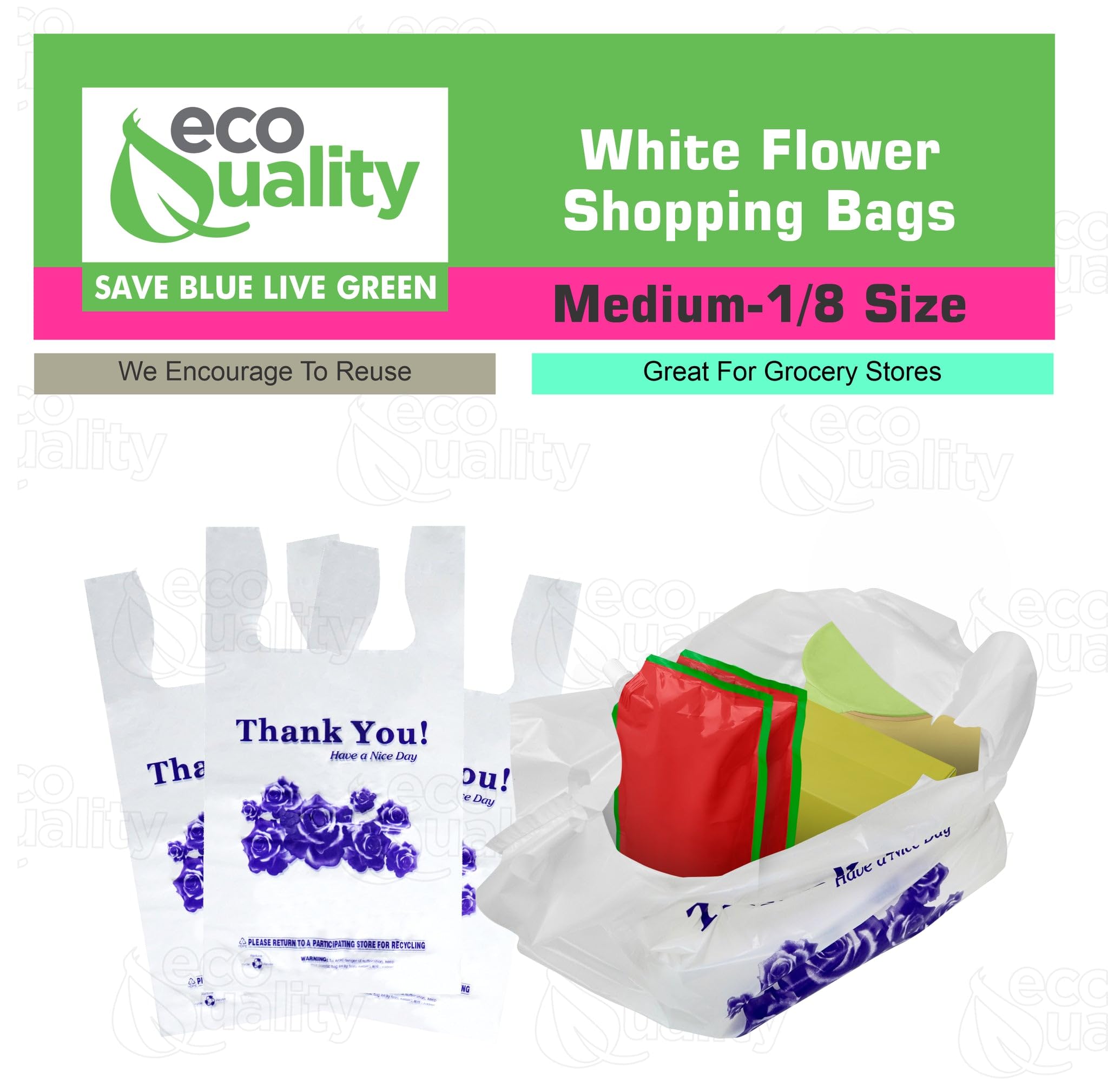 EcoQuality 3000 Count White Plastic T-Shirt Bags - 1/8 Size Reusable Shopping Bags (17