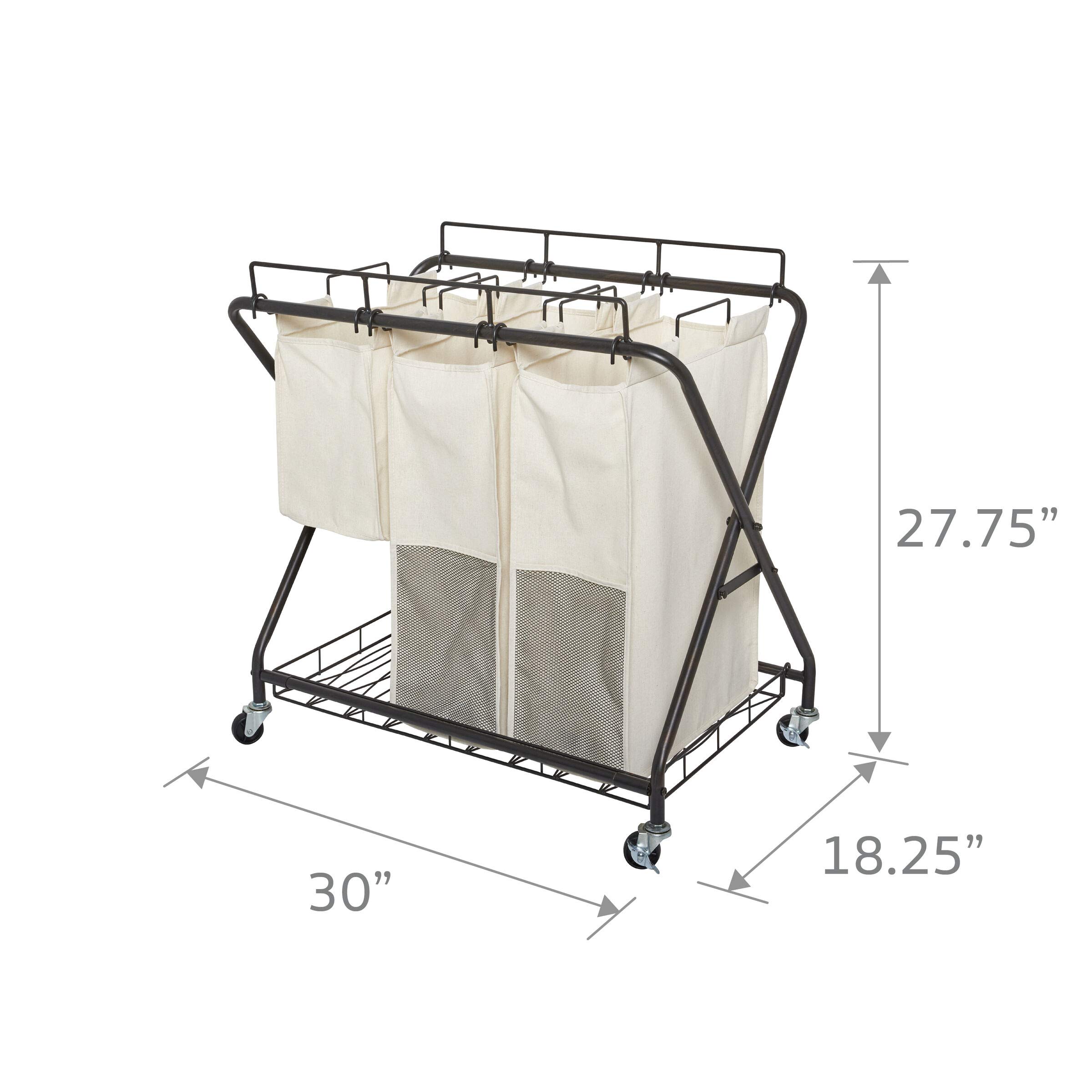 Verona 3-Bag Rolling Laundry Hamper Cart with Wheels - Foldable Clothes Hamper for Bedroom, Bathroom & Laundry Room Organization - Black