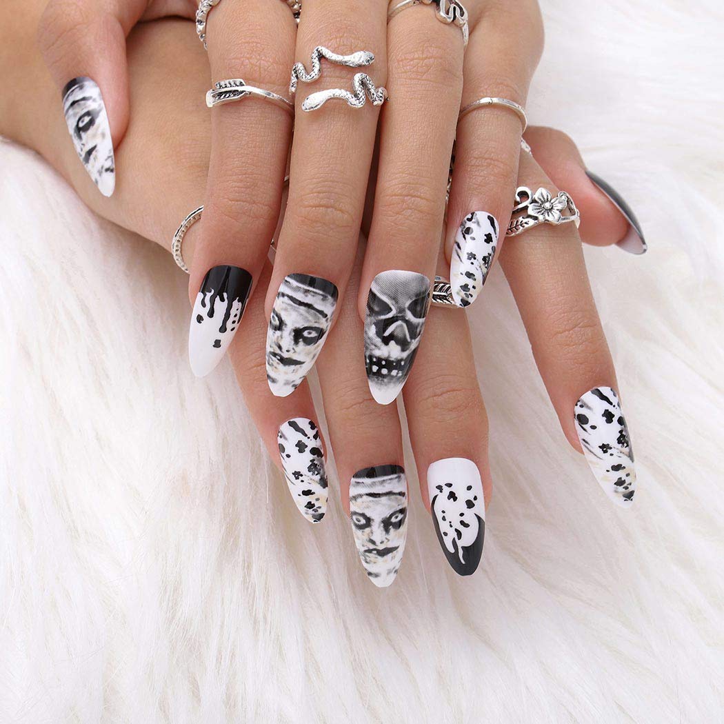 Gangel Skull Glossy Press-On Nails - Black & White Acrylic Fake Nails with Sharp Design, Full Cover Long False Nails for Women & Girls (24Pcs) - Perfect for Halloween Parties, Cosplay & Gothic Fashion