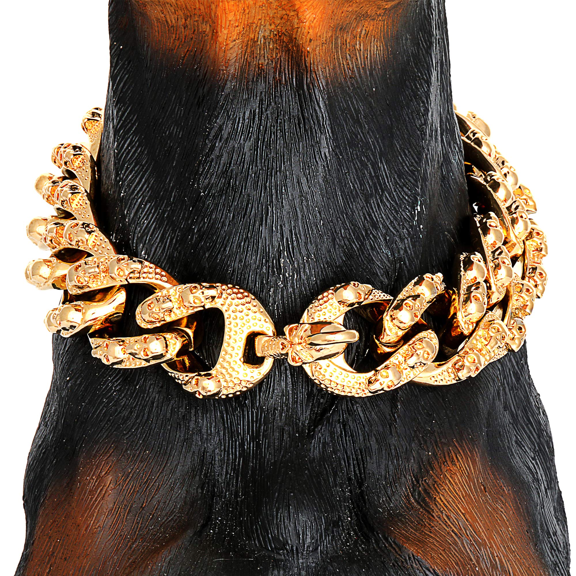 30MM Gold Stainless Steel Cuban Link Dog Collar with Skulls Pattern & Quick Release Buckle - Heavy Duty Big Dog Chain Collar for Medium & Large Breeds - Perfect for Training, Walking & Outdoor Adventures