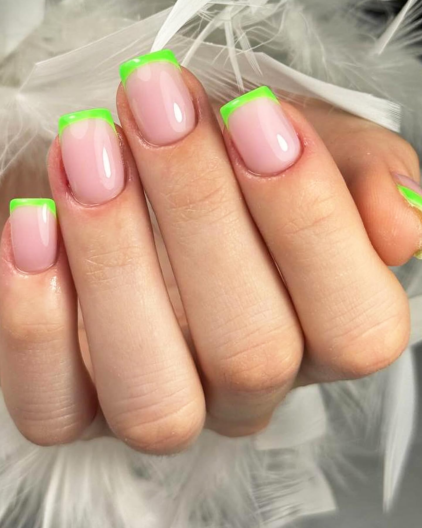 48Pcs Short Square Green French Tip Press on Nails - Full Cover Acrylic Fake Nails with Glue for Women & Girls - Perfect for Parties, Weddings, and Everyday Nail Decor