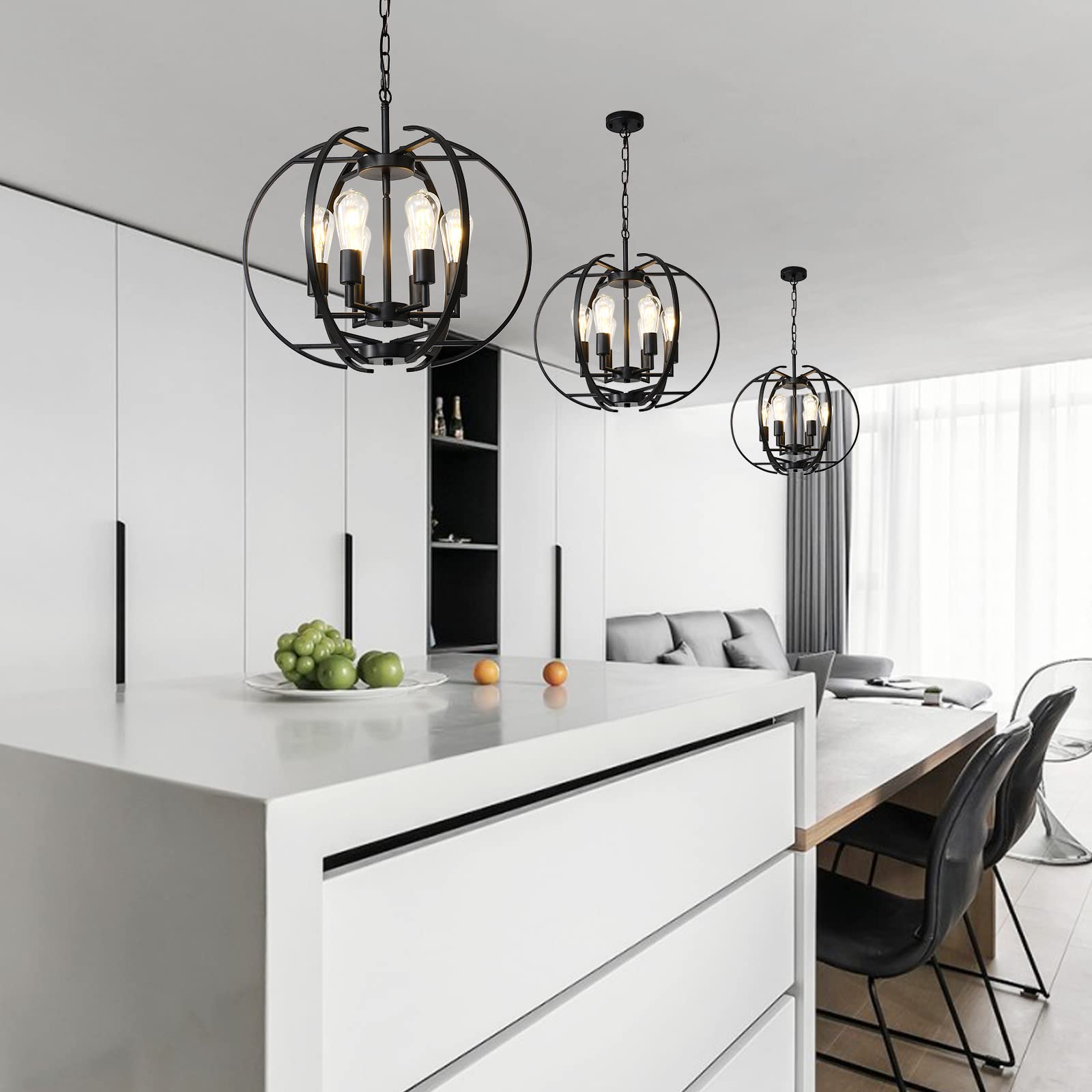 Black Globe Pendant Light Chandelier - Adjustable Hanging 6-Light Fixture for Kitchen, Dining Room, Living Room & Bedroom | Modern Ceiling Lighting for Hallways & Home Decor