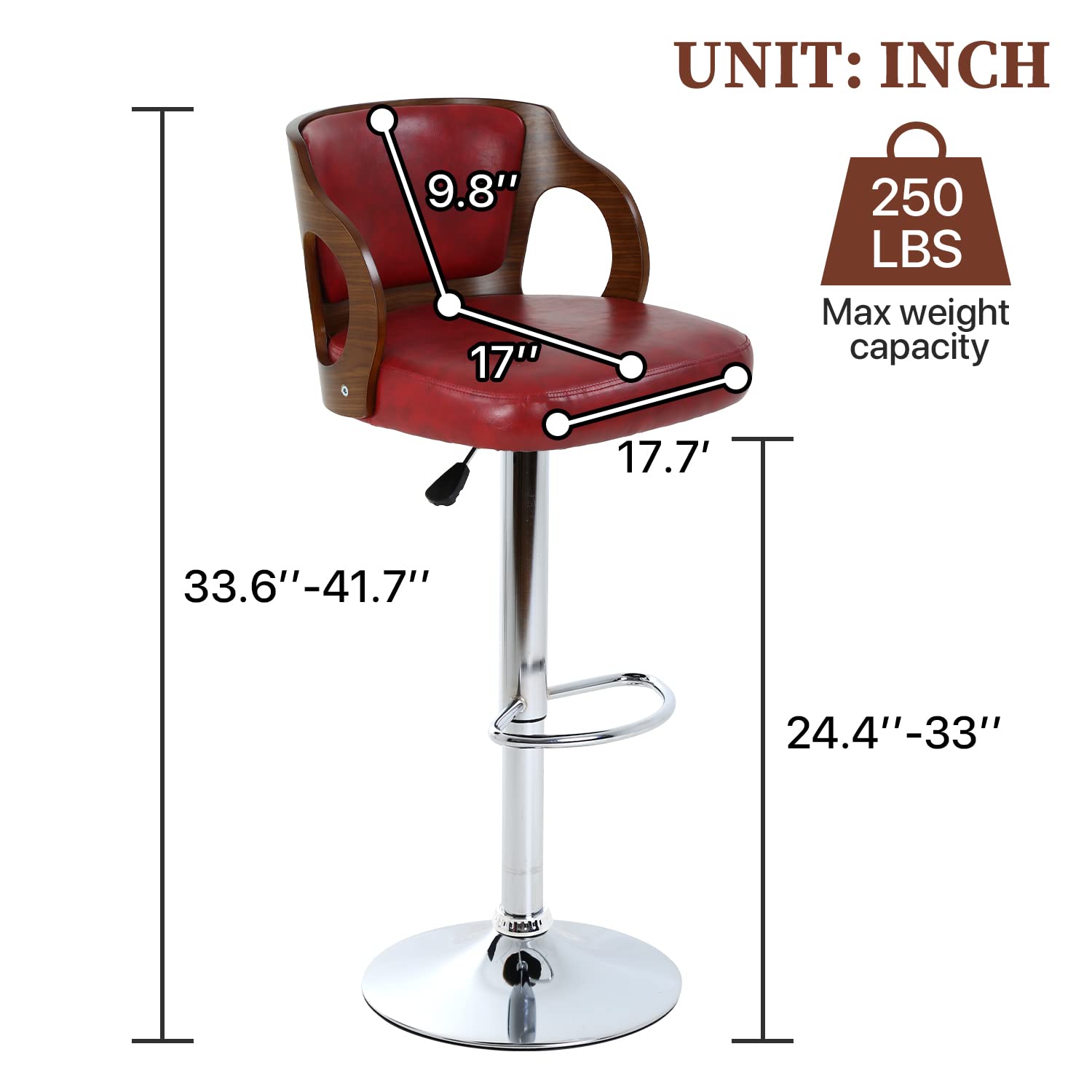 Dkelincs Adjustable Swivel Bar Stools Set of 2 - Counter Height Barstools with Backrest & Arms, Modern PU Leather Hydraulic Stool for Kitchen Island, Breakfast Bar & Dining Room - Red (Home & Commercial Use)