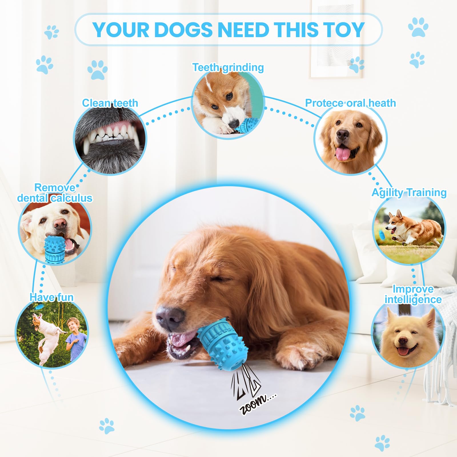 Durable Natural Rubber Dog Chew Toys for Aggressive Chewers - Tough Squeaky Interactive Toys for Large & Medium Breed Dogs | Teething Relief, Dental Health & Playtime Fun (Azure, Large)