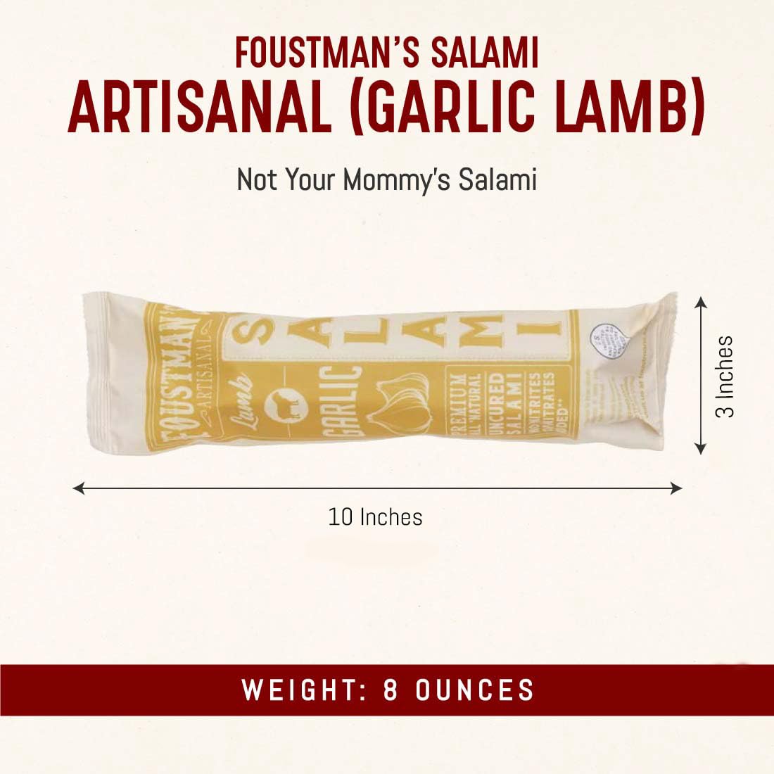Foustman's Artisanal Garlic Lamb Salami - Nitrate-Free, Naturally Cured, Gluten-Free & Dairy-Free (8 Oz) | Pork-Free Snack for Charcuterie Boards, Picnics & Keto Diet