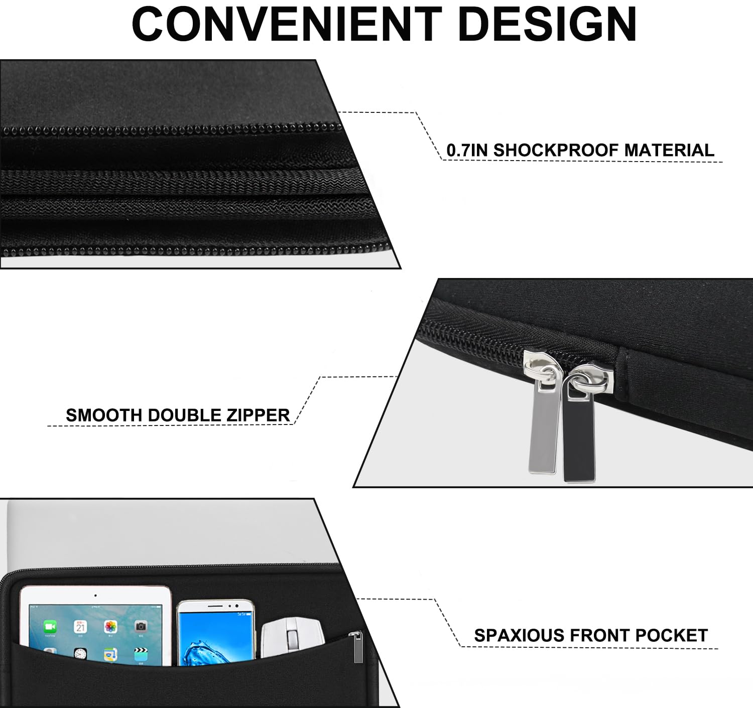 15 Inch Shockproof Laptop Case with Accessory Pocket - Protective Travel Sleeve for MacBook Air, MacBook Pro, HP, Dell, Lenovo - Perfect for Work, School & Travel, Black