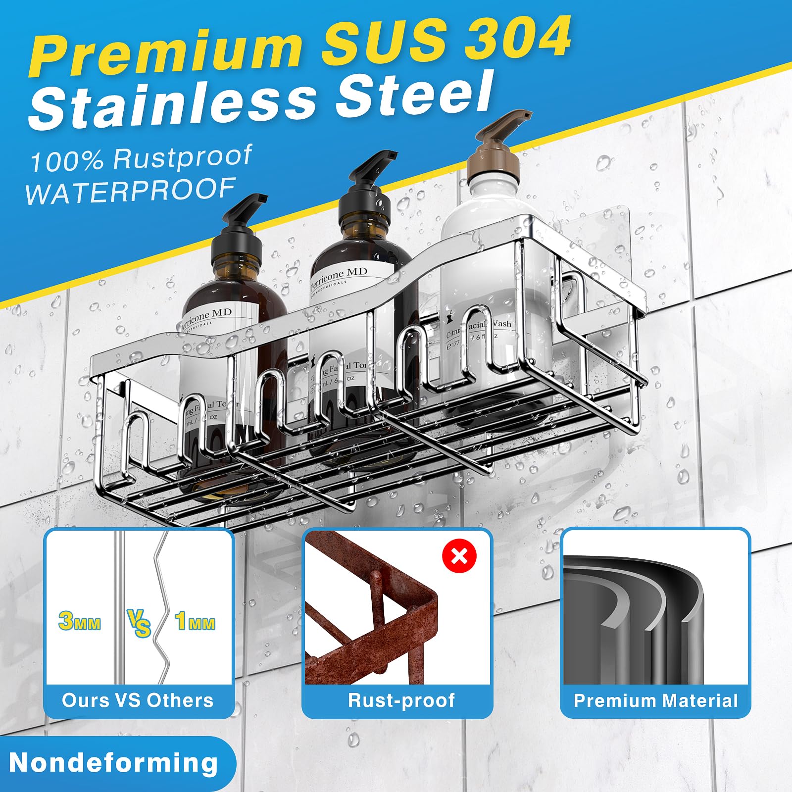 2 Pack Rustproof Stainless Steel Shower Caddy - No Drill Adhesive Bathroom Organizer for Shower Storage, Home Decor & Kitchen Organization | Perfect for Small Bathrooms, Apartments & Dorm Rooms