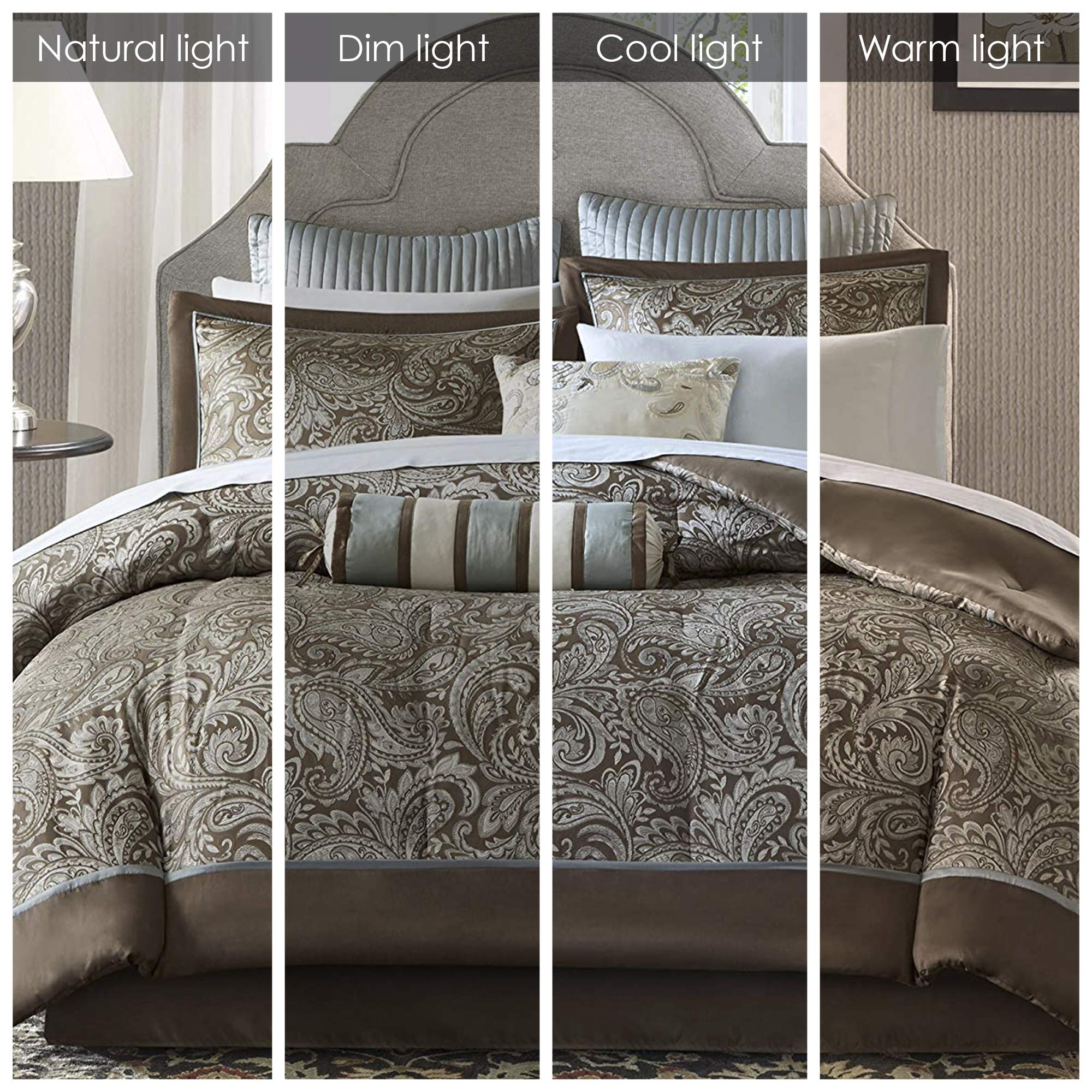 Madison Park Aubrey Cozy Comforter Set - Faux Silk Jacquard Paisley Design, All Season Down Alternative Bedding with Cotton Sheets, Bed Skirt & Toss Pillows - Queen Size, Blue, 12-Piece Set | Perfect for Master Bedroom, Guest Room & Cozy Home Decor