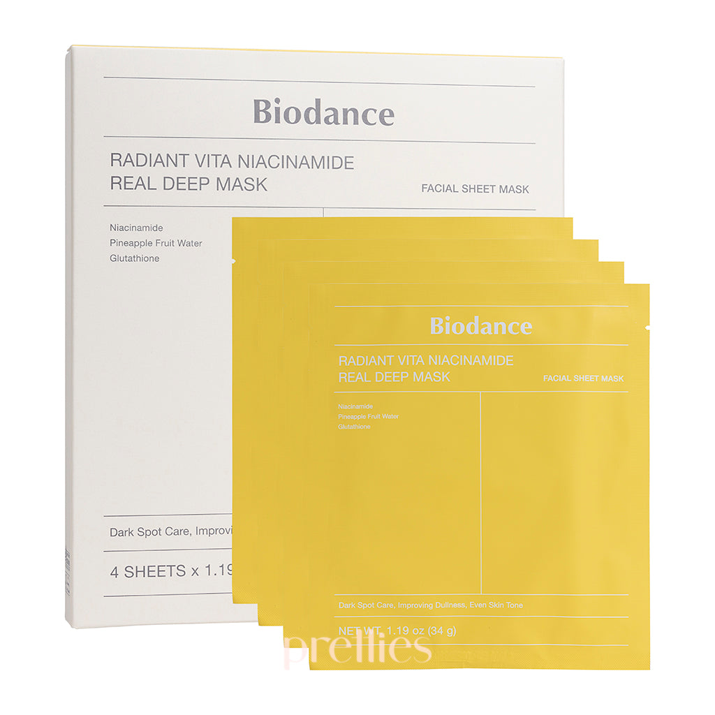 BIODANCE Radiant Vita Niacinamide Deep Hydrating Face Mask - 4 Pack - Brightening & Pore Minimizing Sheet Mask for Glowing Skin - Perfect for Night Routine & Spa Day