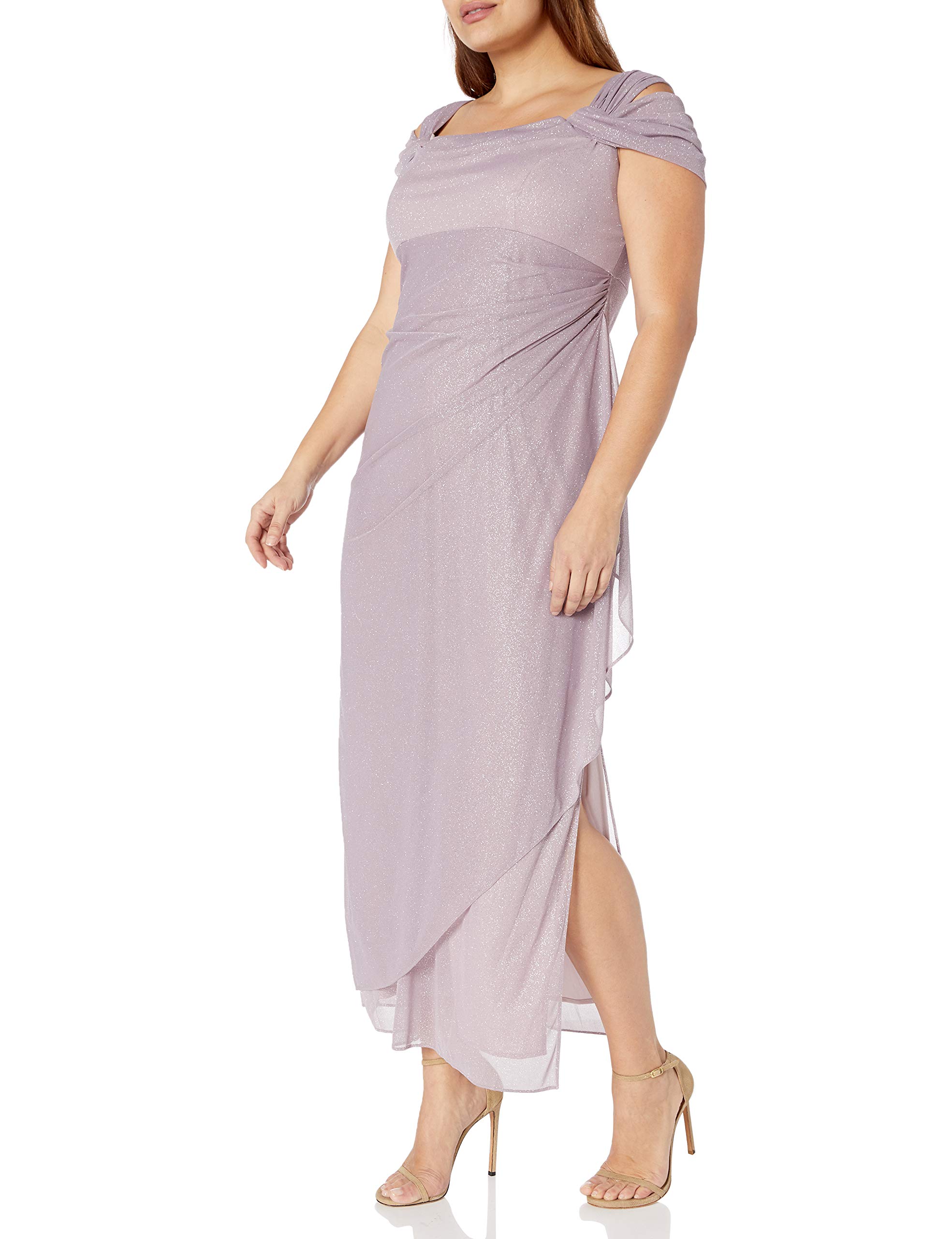 Alex Evenings Women's Plus Size Long Cold Shoulder Dress with Ruched Skirt - Elegant Formal Wear for Weddings, Parties & Special Occasions