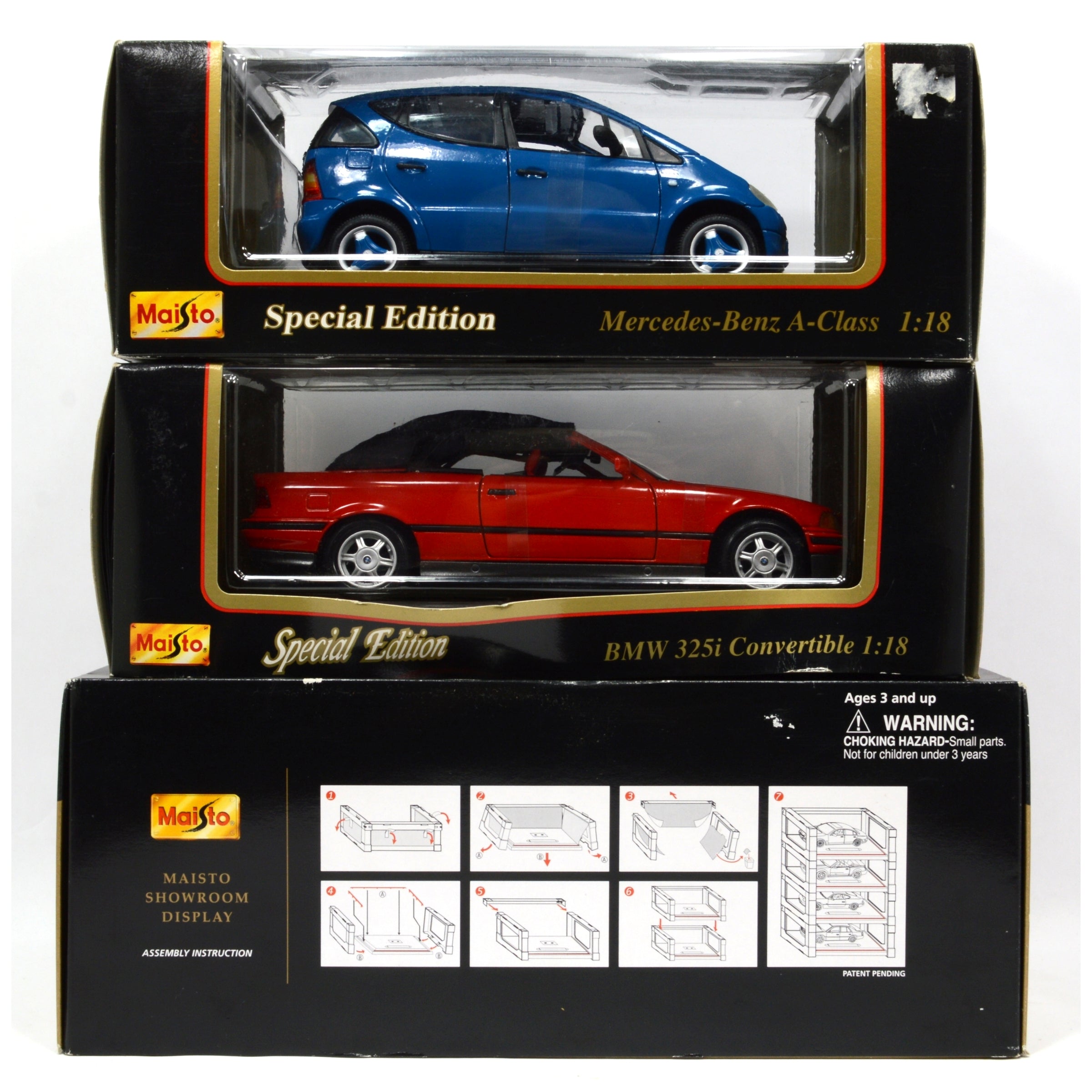 3-Piece Maisto Diecast Car Collection - 1:18 Scale BMW Z8, 325i Convertible & Mercedes A-Class - Premium Model Cars for Display, Collecting & Gifting