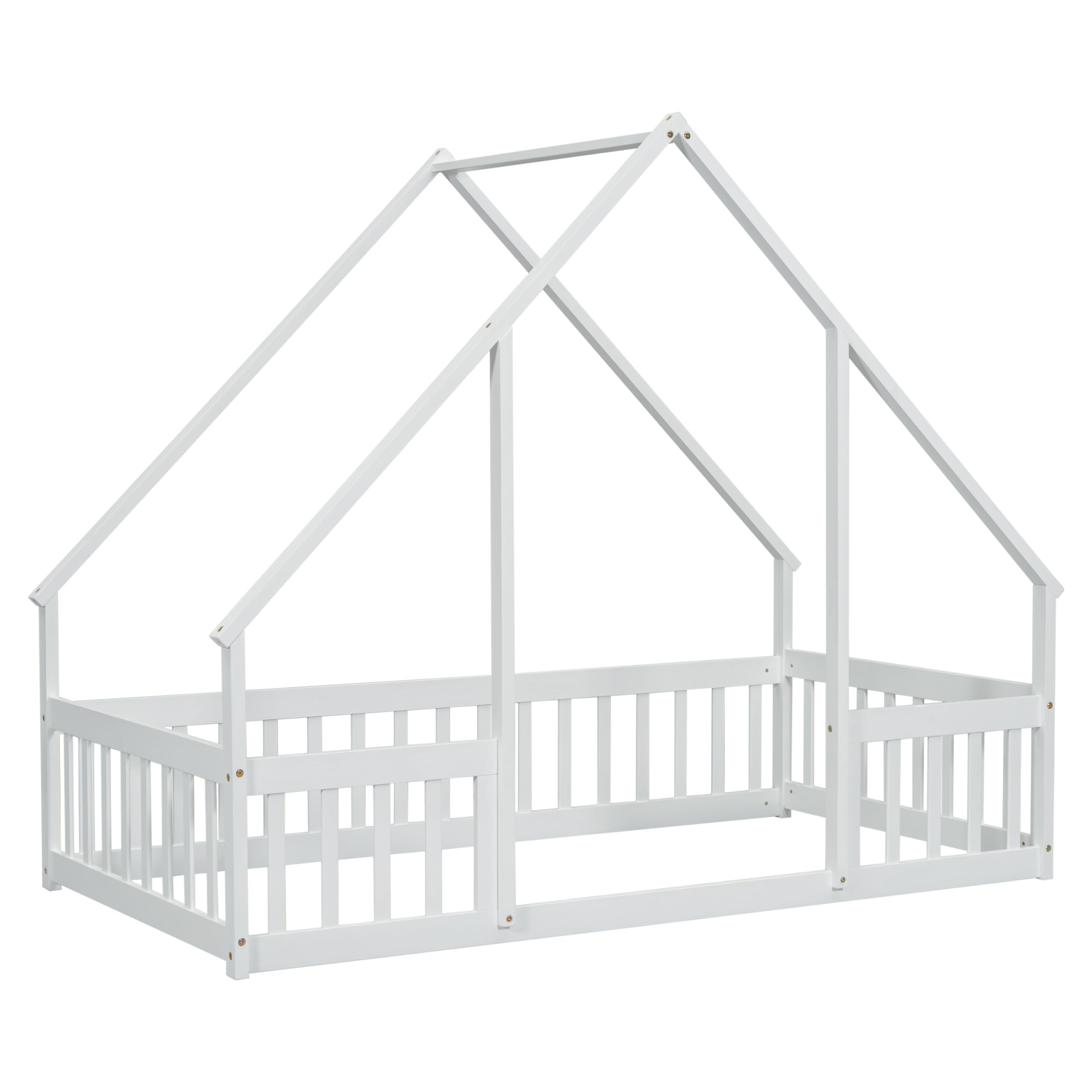 Montessori Twin Size House Bed for Kids - Wooden Floor Bed with Safety Fence Rails - White Bed Frame for Girls, Boys & Teens - Perfect for Playrooms, Bedrooms & Montessori Learning Spaces