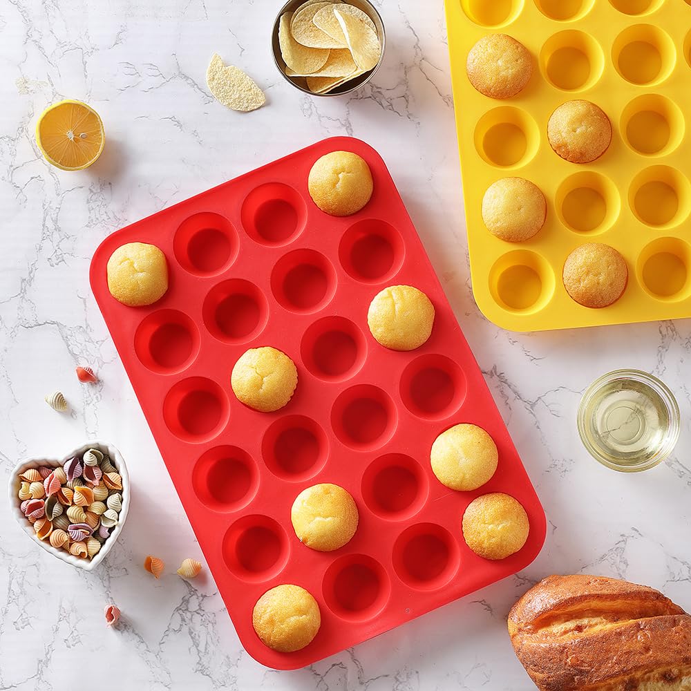 2PCS Non-Stick Silicone Mini Muffin Pan Set - 24-Cavity BPA Free Cupcake Baking Mold for Muffins, Cakes, Tarts & Bread | Dishwasher Safe (Red + Yellow) | Perfect for Home Baking, Party Treats & Holiday Desserts