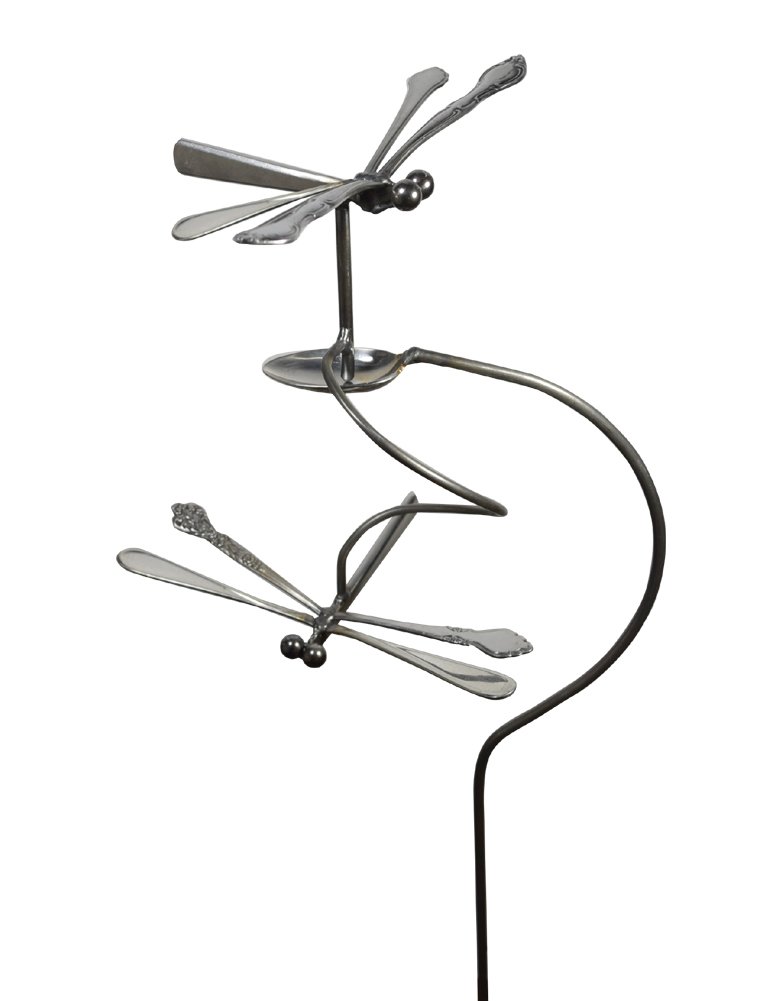 Handcrafted American Made Dancing Dragonflies Balancing Garden Stake - Upcycled Utensil Sculpture for Outdoor Decor and Garden Art