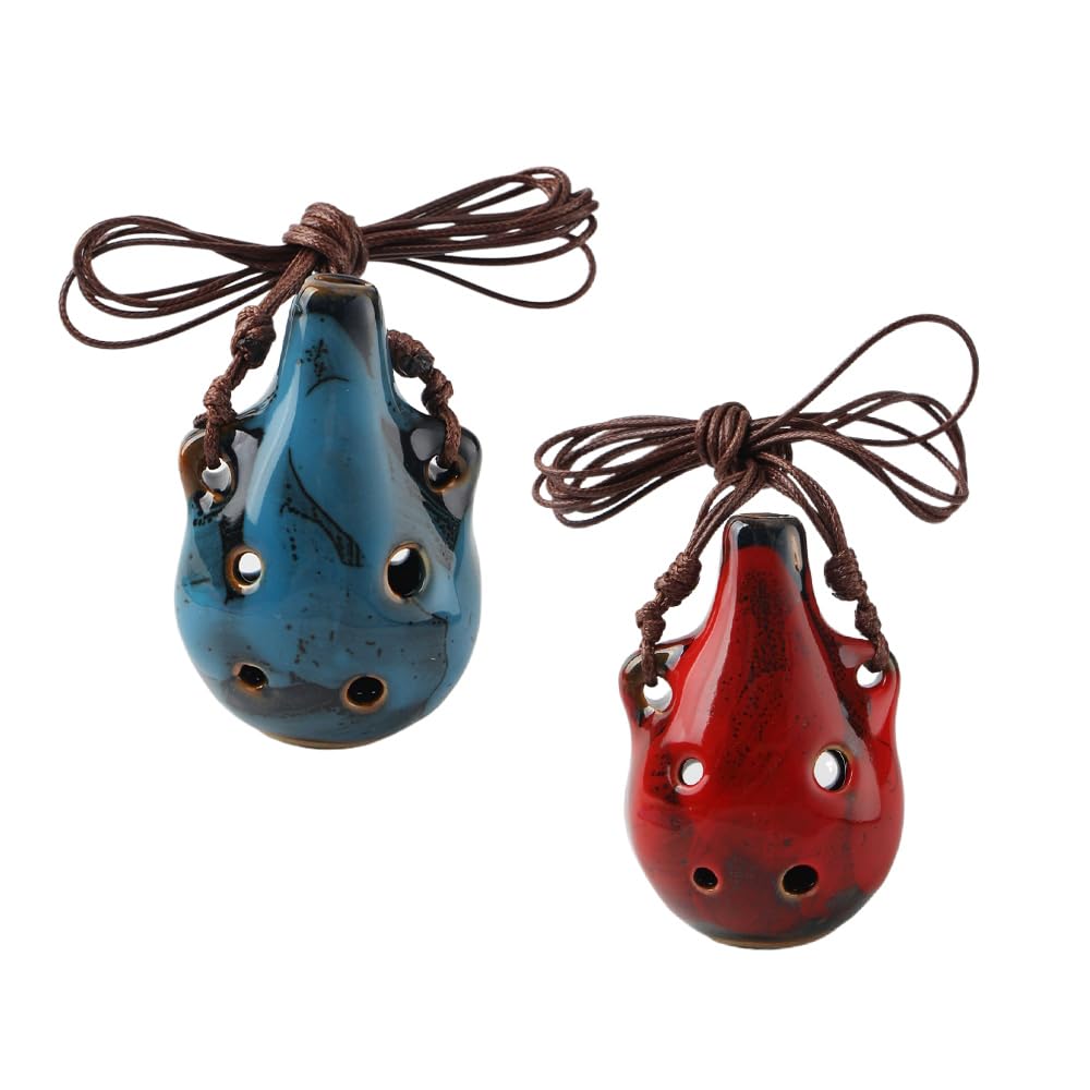 2Pcs Handcrafted Ceramic Ocarina Flute - 6-Hole Musical Instrument in Red & Blue for Beginners & Collectors | Perfect Gift for Music Lovers, Home Decor & Meditation Use