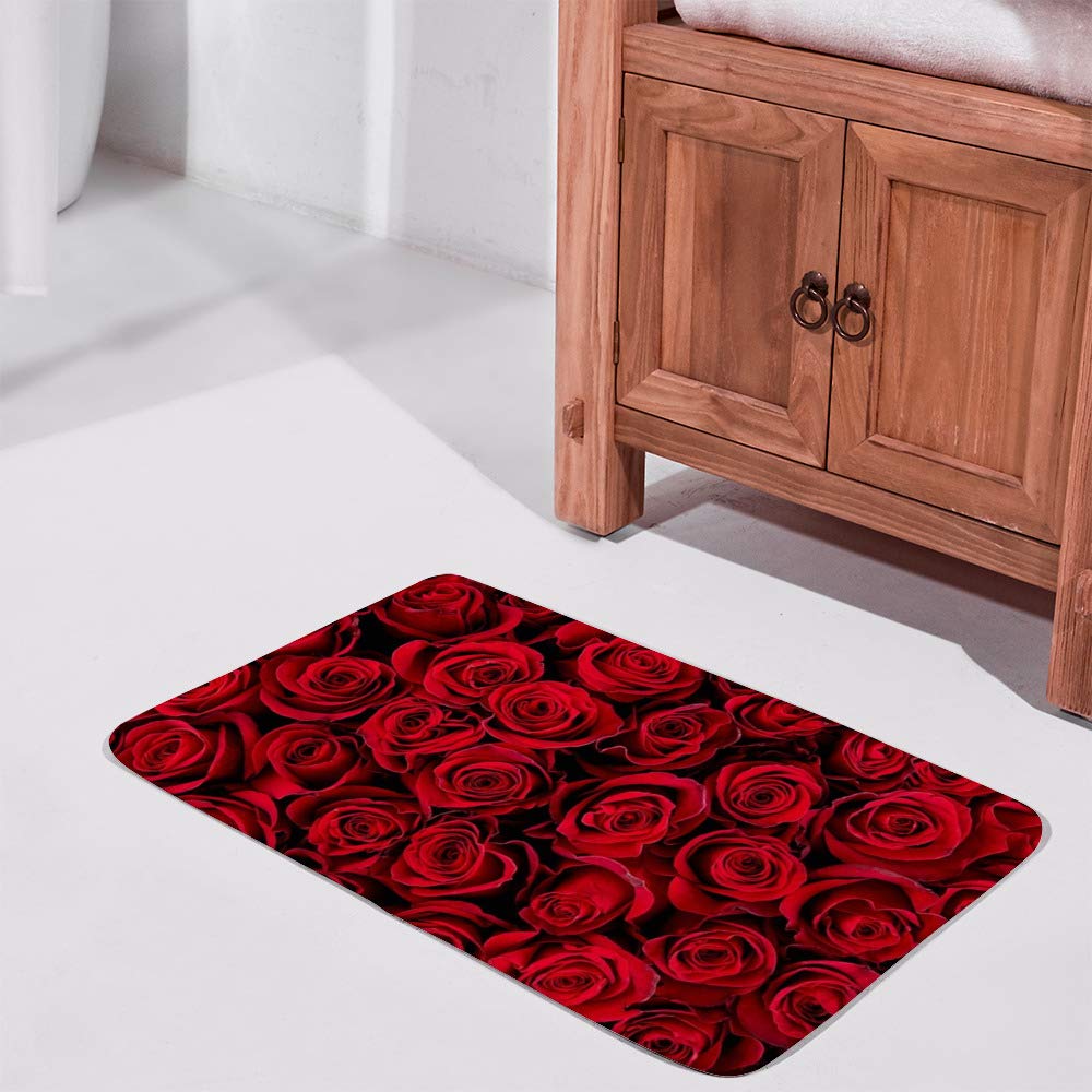 Soft Absorbent Non-Slip Bath Rug - Quick Drying Washable Velvet Bathroom Mat with Cushioned Comfort (36 x 24 Inch, Red Rose Pattern) - Perfect for Shower, Bathtub & Bathroom Floor Safety