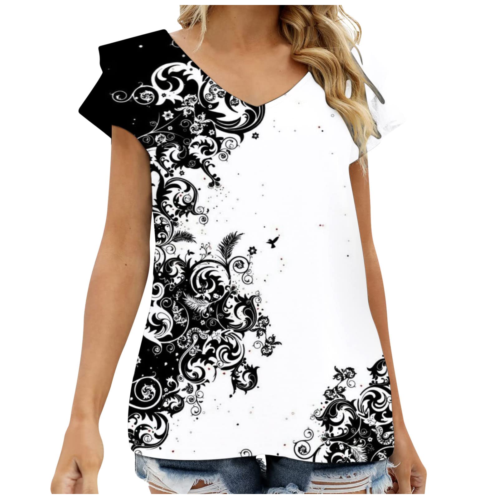 YaYiYa Women's V-Neck Short Sleeve Graphic T-Shirt - Trendy Casual Summer & Fall Blouse for Going Out - Perfect for Parties, Dates & Everyday Wear