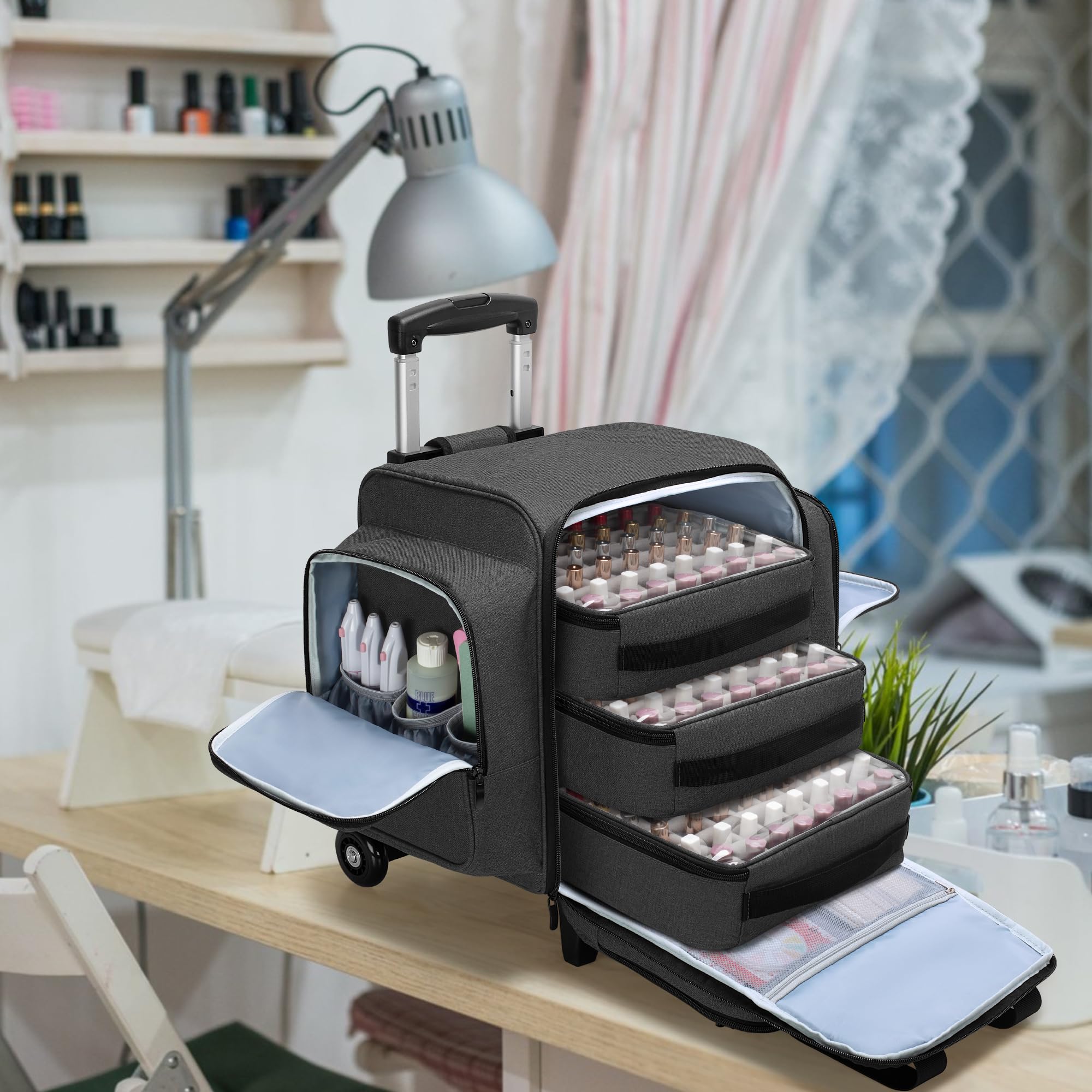 BAFASO 144 Bottle Rolling Nail Polish Organizer - Portable Nail Polish Storage Case with Detachable Wheels & 3 Removable Trays (Patented Design, Black) | Perfect for Salon Professionals & Home Nail Art Enthusiasts