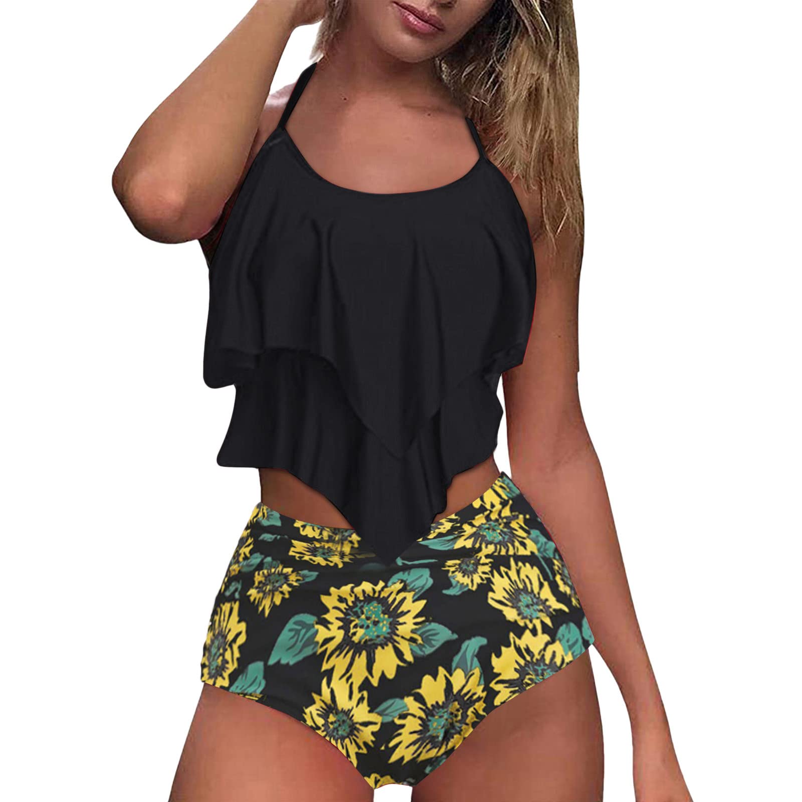 Women's Tankini Swimsuit with Ruffle Bikini Top & High Waist Bottom - Tummy Control Two Piece Bathing Suit for Beach, Pool & Summer Vacation