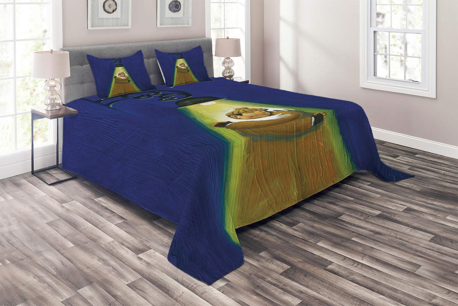 Ambesonne Abstract Surreal 3-Piece Quilted Bedspread Set with 2 Pillow Shams, King Size - Night Blue Fawn Khaki Caramel - Unique Metaphorical Print of Lamb Embracing Itself | Perfect for Modern Bedroom Decor, Guest Room Styling & Cozy Home Makeover