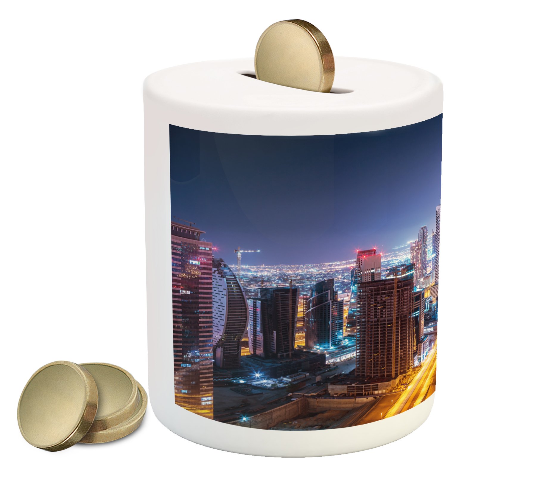 Ambesonne Dubai Nighttime Ceramic Piggy Bank - 3.6