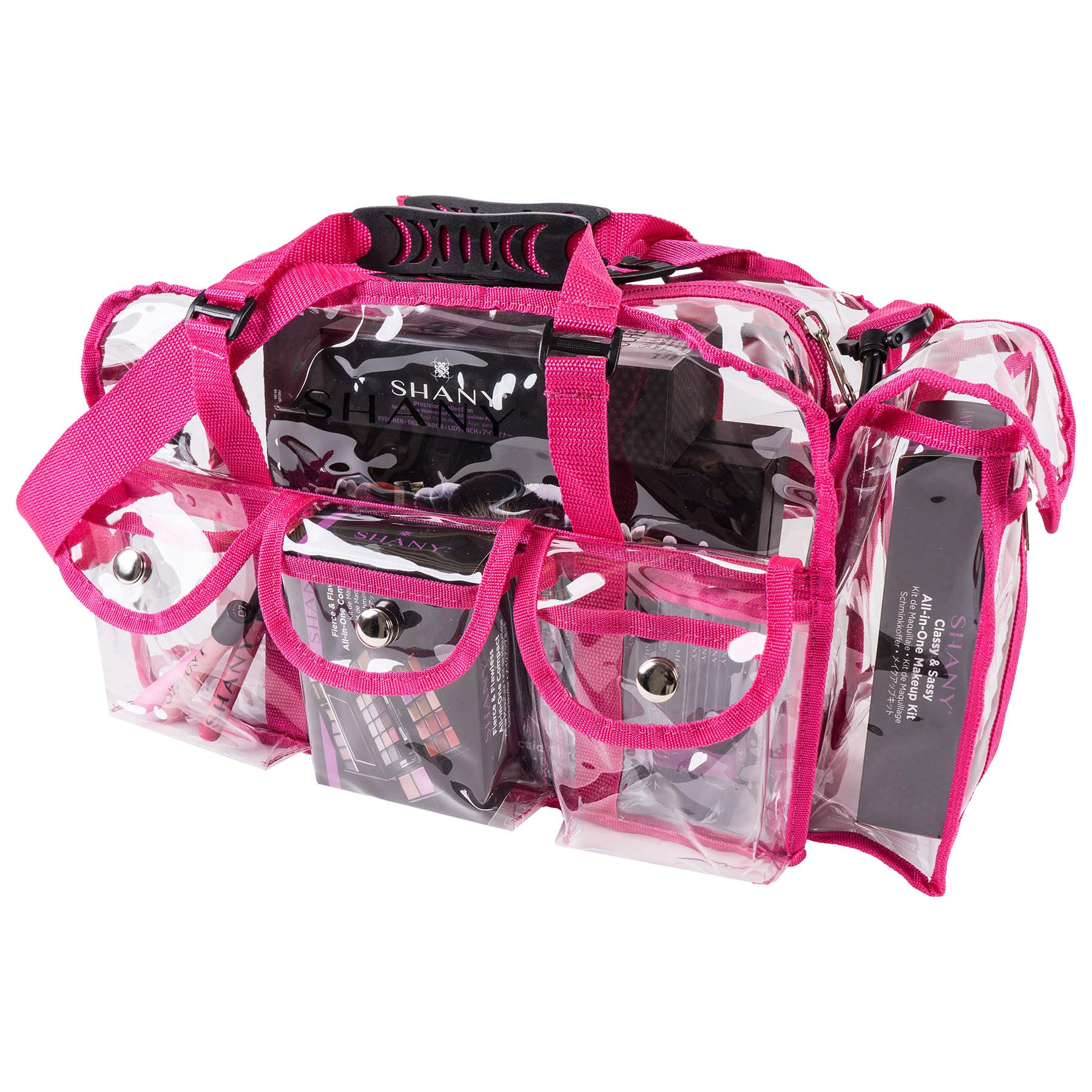 SHANY Clear PVC Makeup Bag - Large Professional Cosmetic Organizer with Shoulder Strap & 5 External Pockets - Pink | Perfect for Travel, Salon & Makeup Artists | Waterproof & Durable Makeup Case for Cosmetics Storage