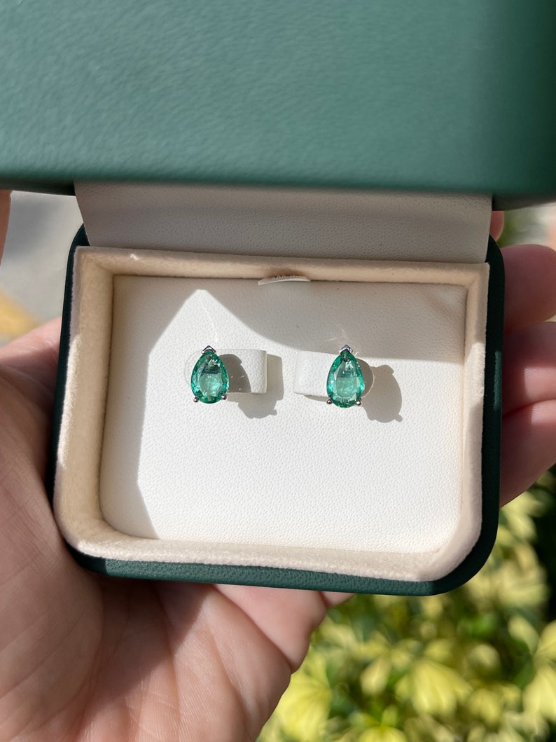 2.10tcw 14K Gold Emerald Stud Earrings - 3 Prong Teardrop Solitaire Earrings for Women, Classic Traditional Dangle Earrings for Wedding, Party & Everyday Wear