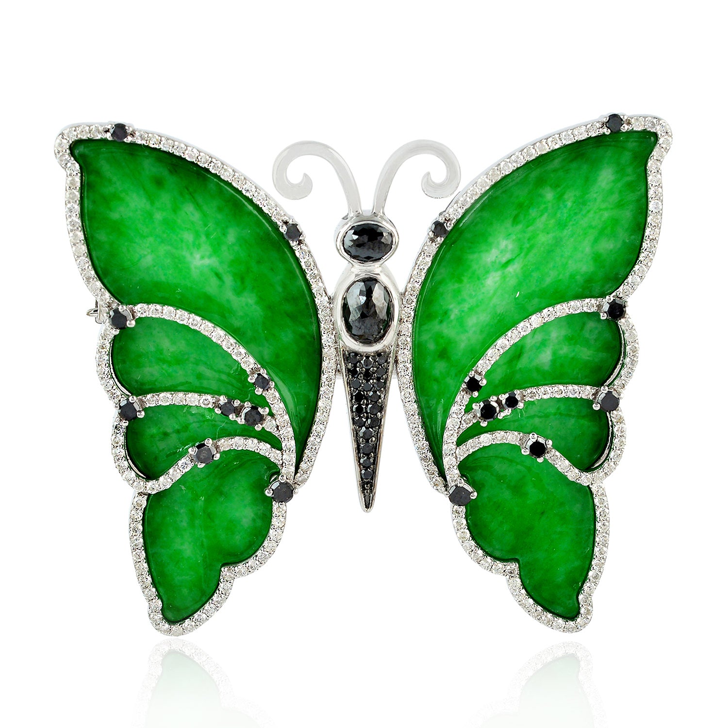 18K White Gold Hand-Carved Jade Bezel Black & White Diamond Butterfly Brooch - Elegant Jewelry for Weddings, Parties & Special Occasions