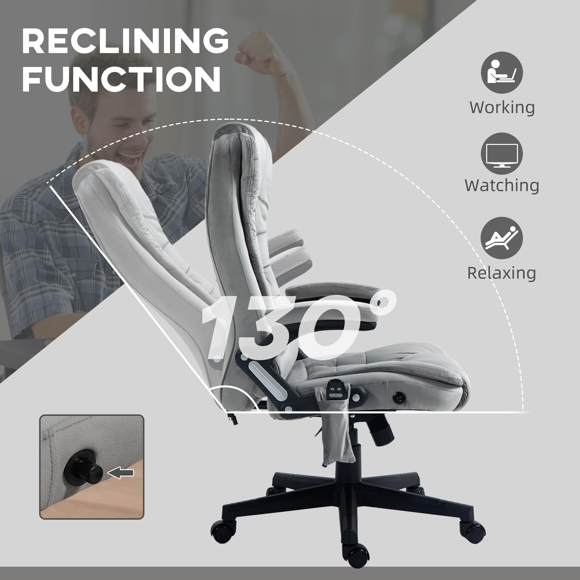 HOMCOM 6-Point Vibrating Massage Office Chair with Heating - High Back Executive Chair, Reclining Backrest, Padded Armrests & Remote Control - Gray - Perfect for Home Office, Gaming & Relaxation