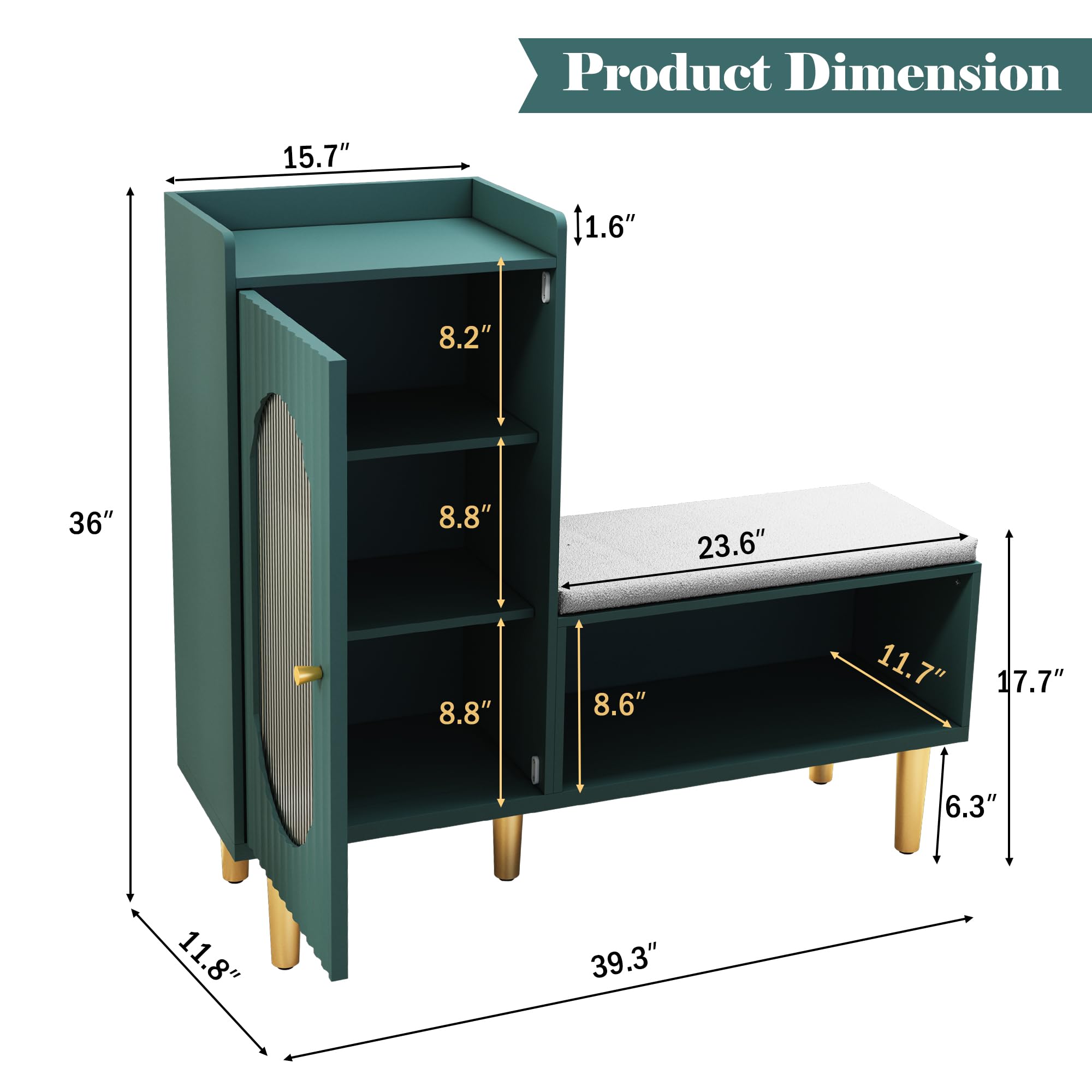 Modern HLR Storage Bench with Glass Door & Shelf - L-Shaped Entryway Shoe Cabinet with Padded Seat, Green Storage Cabinet for Hallway, Bedroom, Living Room & Office - Perfect for Small Space Organization & Entryway Seating