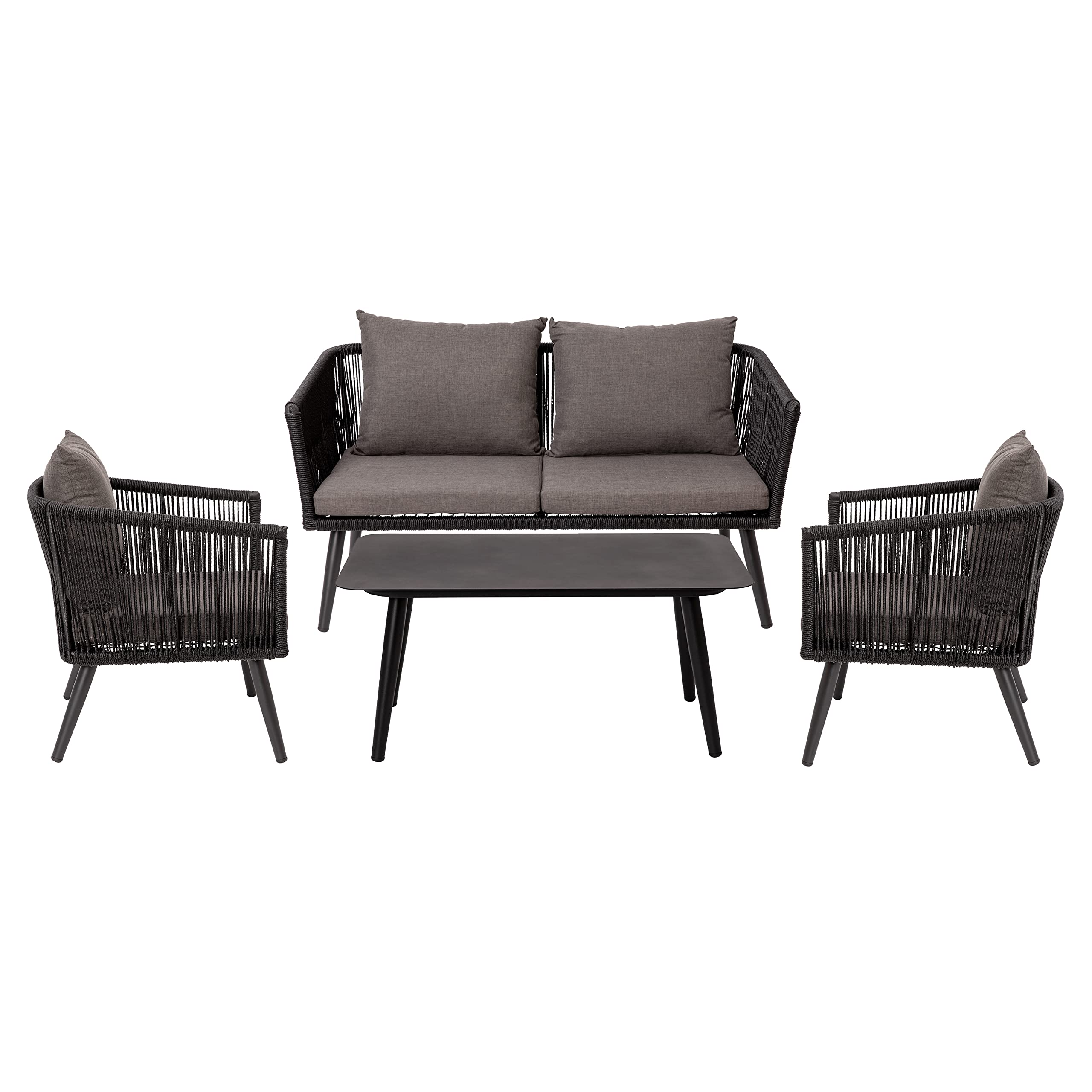 Merrick Lane Magnolia 4-Piece Outdoor Furniture Set - Black Woven Aluminum Loveseat, 2 Chairs & Coffee Table with Gray Cushions - Perfect for Patio, Garden & Backyard Relaxation