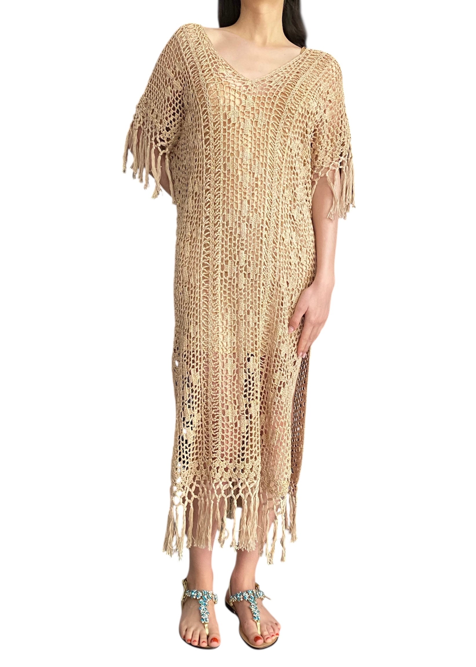 Anna Kosturova Crochet Kaftan Dress - Boho Beach Cover Up, Summer Maxi Dress for Women (Size S/M) | Perfect for Vacations, Pool Parties & Festivals