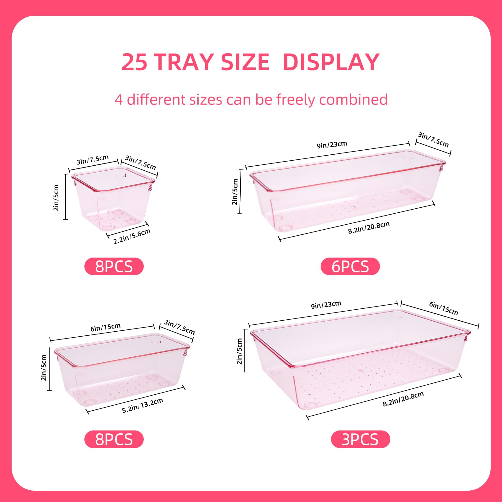 25-Piece Plastic Drawer Organizer Set - 4-Size Bathroom & Vanity Storage Trays for Makeup, Jewelry, Kitchen Utensils & Office Supplies | Space-Saving Pink Organizer Bins for Bedroom, Bath & Home Organization
