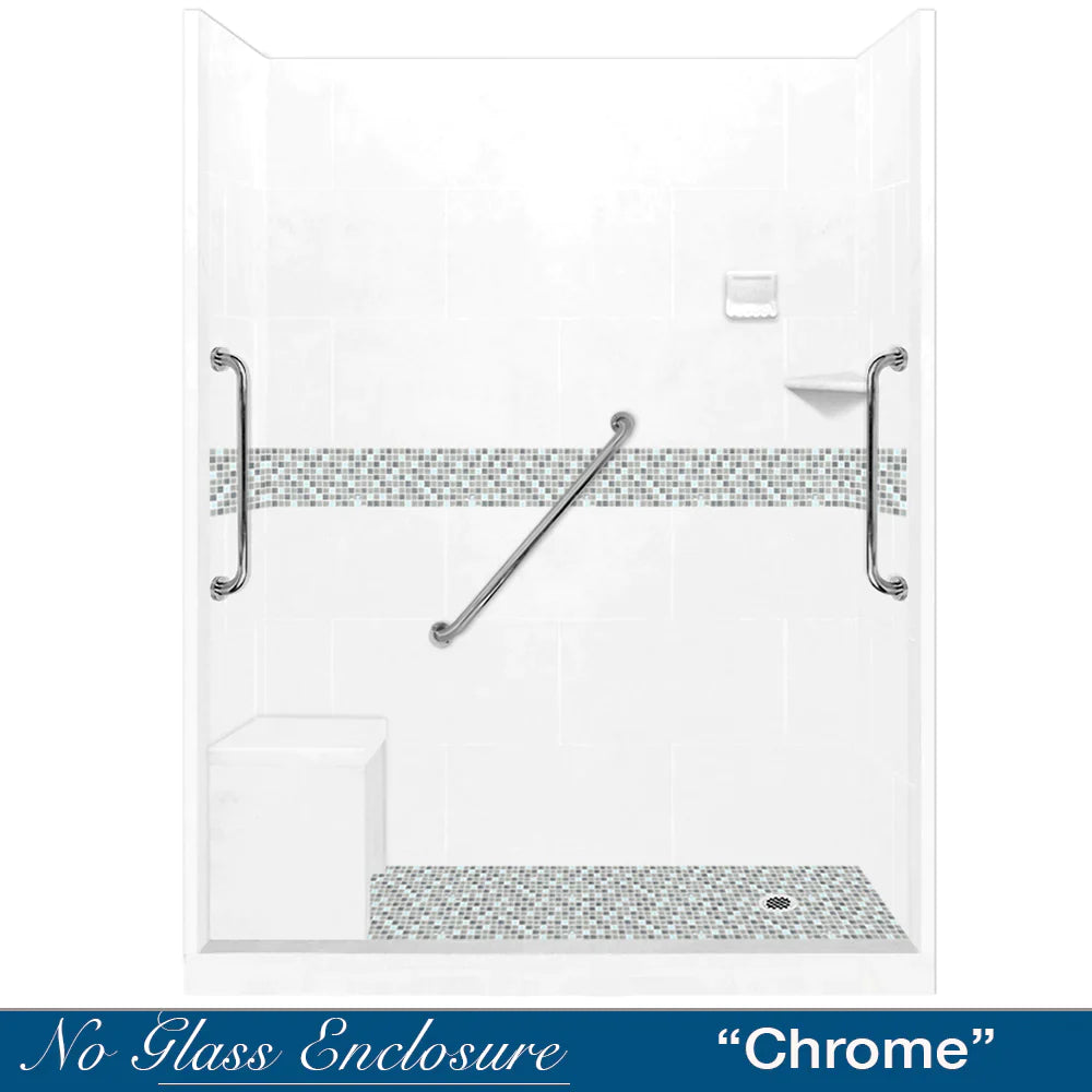 60 Alcove Natural Buff Sistine Stone & Del Mar Mosaic Accent DIY Shower Remodel Kit with Free Shampoo Niche - Bathroom Renovation Tile Set for Shower Walls and Backsplash