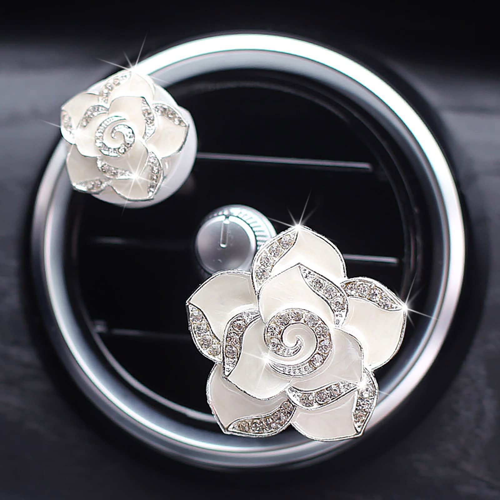 2 Pcs Camellia Air Vent Clips - Cute Flower Car Air Freshener with Bling Crystal Rose, Car Diffuser Vent Clip Charm for Women & Girls - Perfect for Car Interior Decor and Aromatherapy on the Go