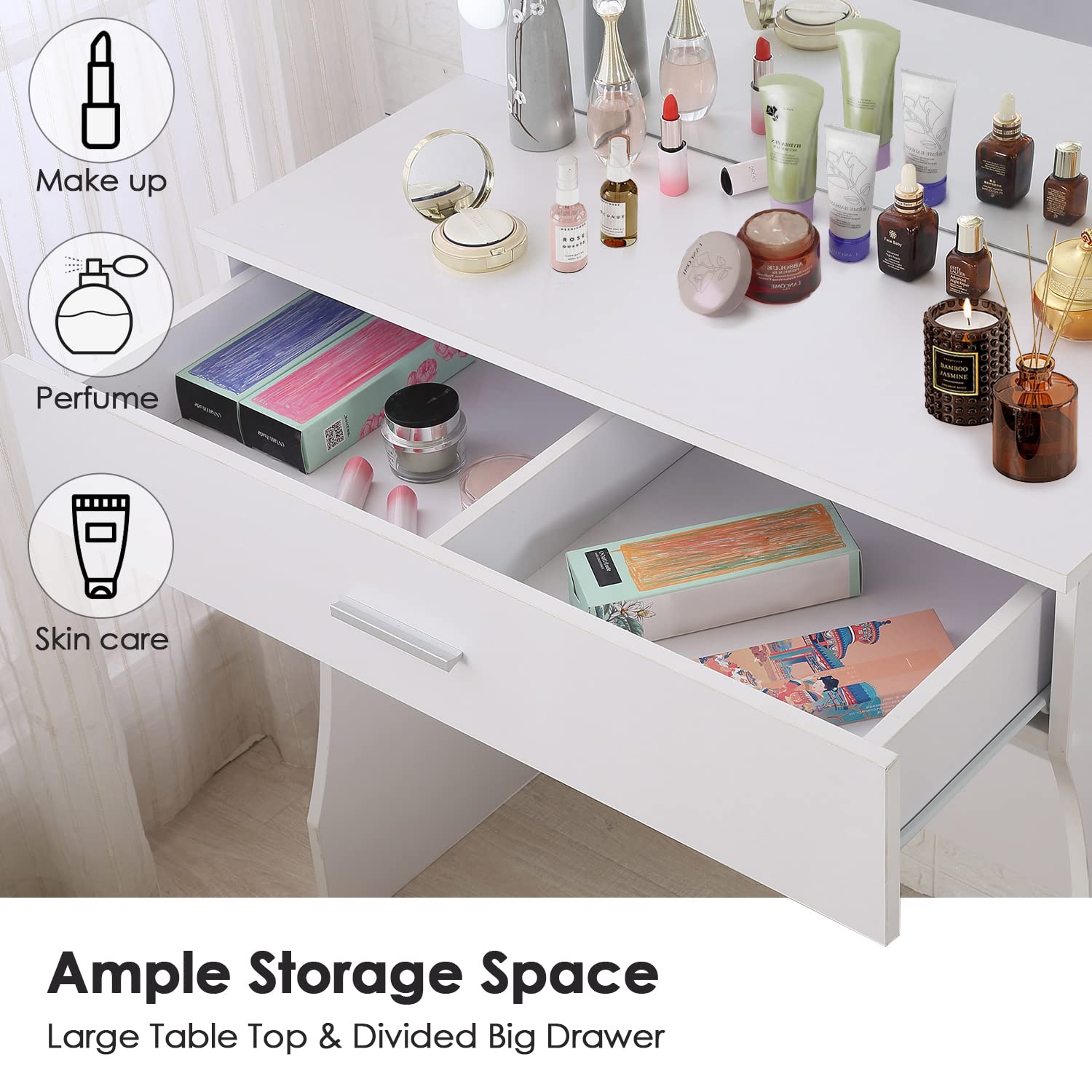 Vabches Makeup Vanity with LED Lights - Adjustable Brightness Dressing Table with Large Drawer, Sturdy White Vanity Desk for Bedroom, Studio, or Home Salon - Perfect for Makeup Application, Skincare Routine, and Self-Care Space