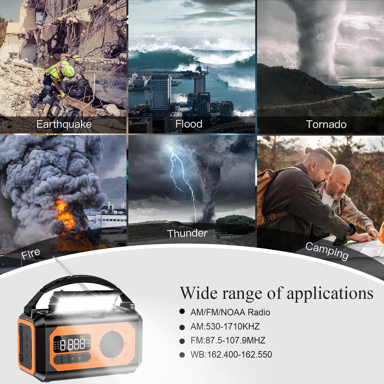12000mAh Solar Emergency Weather Radio with NOAA Alerts - AM/FM/NOAA Weather Radio, Solar Charging, SOS Alarm, Flashlight, Phone Charger, Compass & Reading Lamp - Perfect for Camping, Hiking, and Emergency Preparedness
