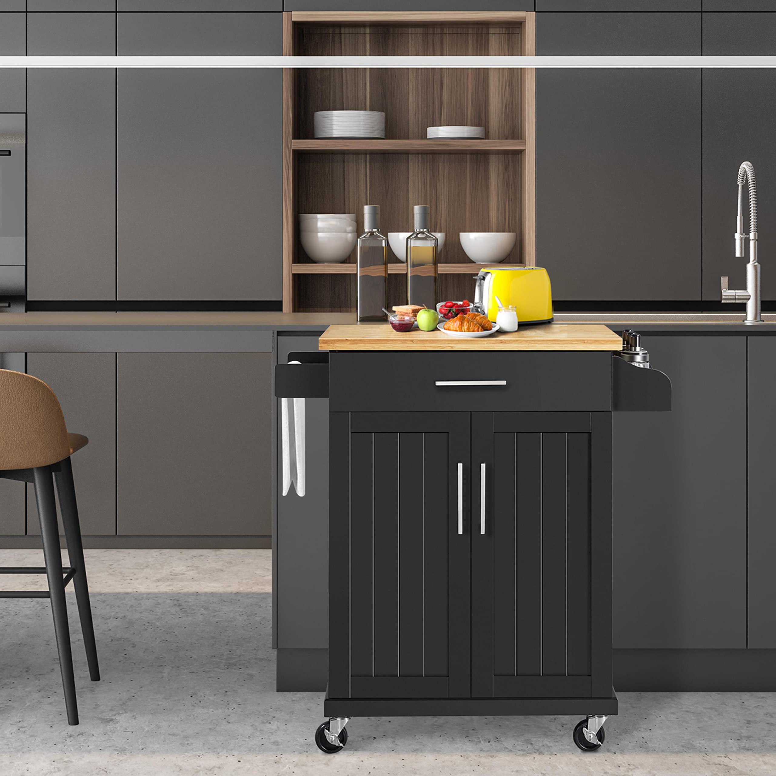 Topeakmart 26x18x36 Inches Kitchen Island Cart on Wheels with Storage Cabinet, Drawer, Spice Rack & Towel Bar - Mobile Kitchen Trolley for Dining Room, Small Space & Apartment Cooking - Black