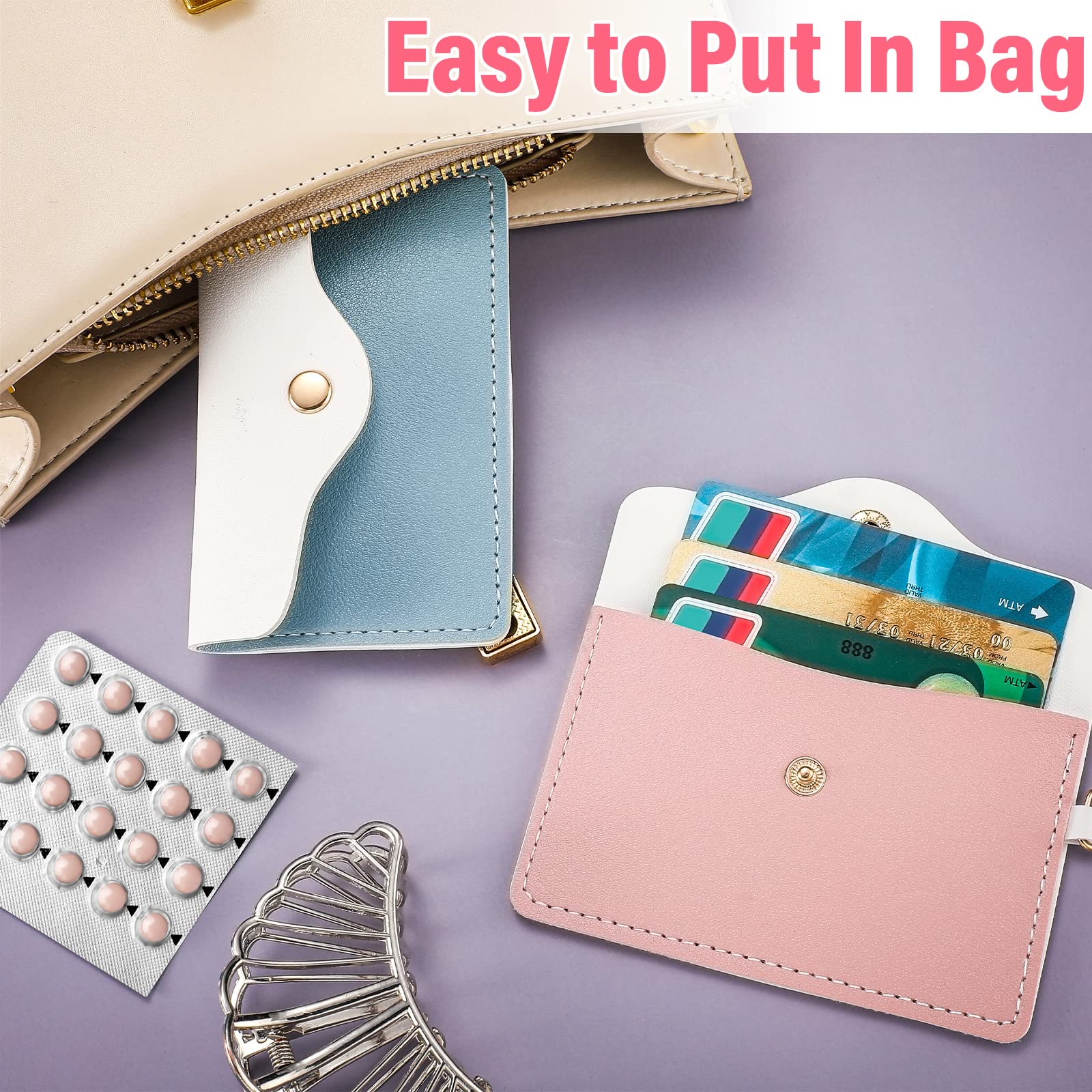 Tondiamo 2 Pack PU Leather Birth Control Pill Case - Compact 4.33 x 3 Inch Pill Organizer with Key Ring | Travel-Friendly Medication Holder for Women (Pink & Blue) - Perfect for Daily Use, Gym, Travel & Purse Organization