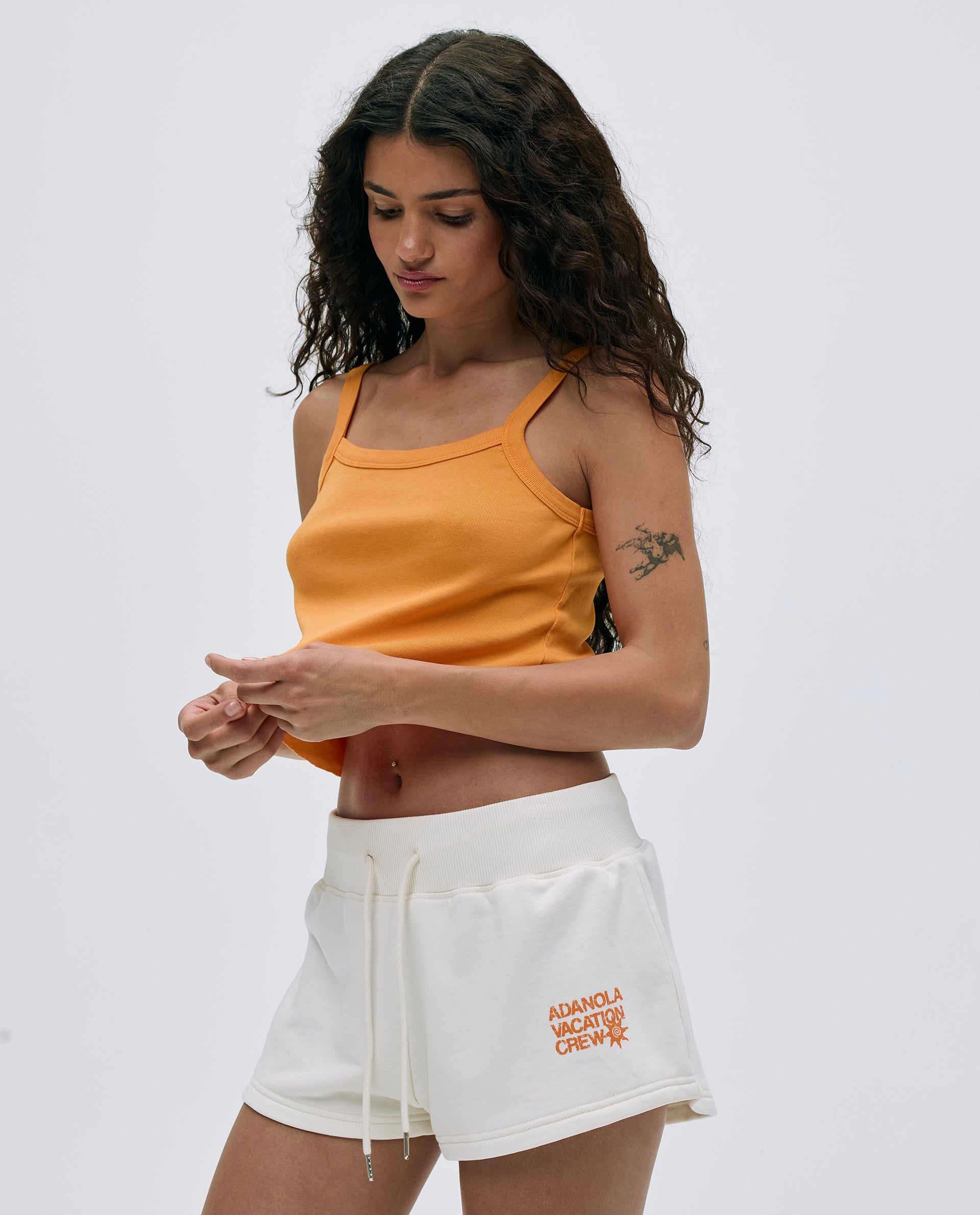Vacation Mini Sweat Shorts for Women - Soft Cotton Lounge Shorts in Marshmallow White & Mango Orange - Perfect for Summer Travel, Beach, Yoga and Casual Wear