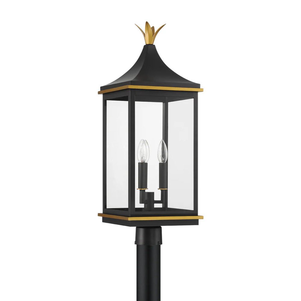 Simpson 3-Light Outdoor Post Lantern - 10x27.75 Inch Matte Black Stainless Steel & Glass with Textured Gold Finish - 120V E12 Candelabra Base LED Bulb Sockets - Farmhouse Style Lighting for Patio, Garden, Porch, Driveway & Exterior Posts